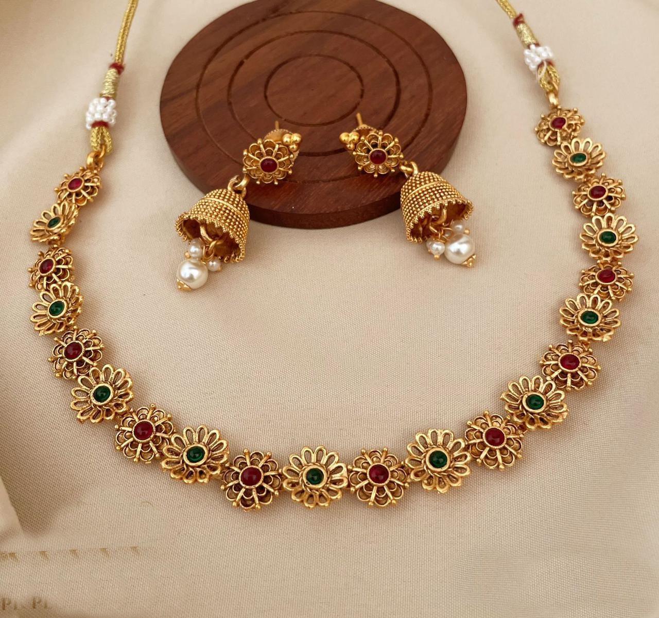 Gold Finish Multicolor simple Necklace set Floral pattern 9630N - Griiham