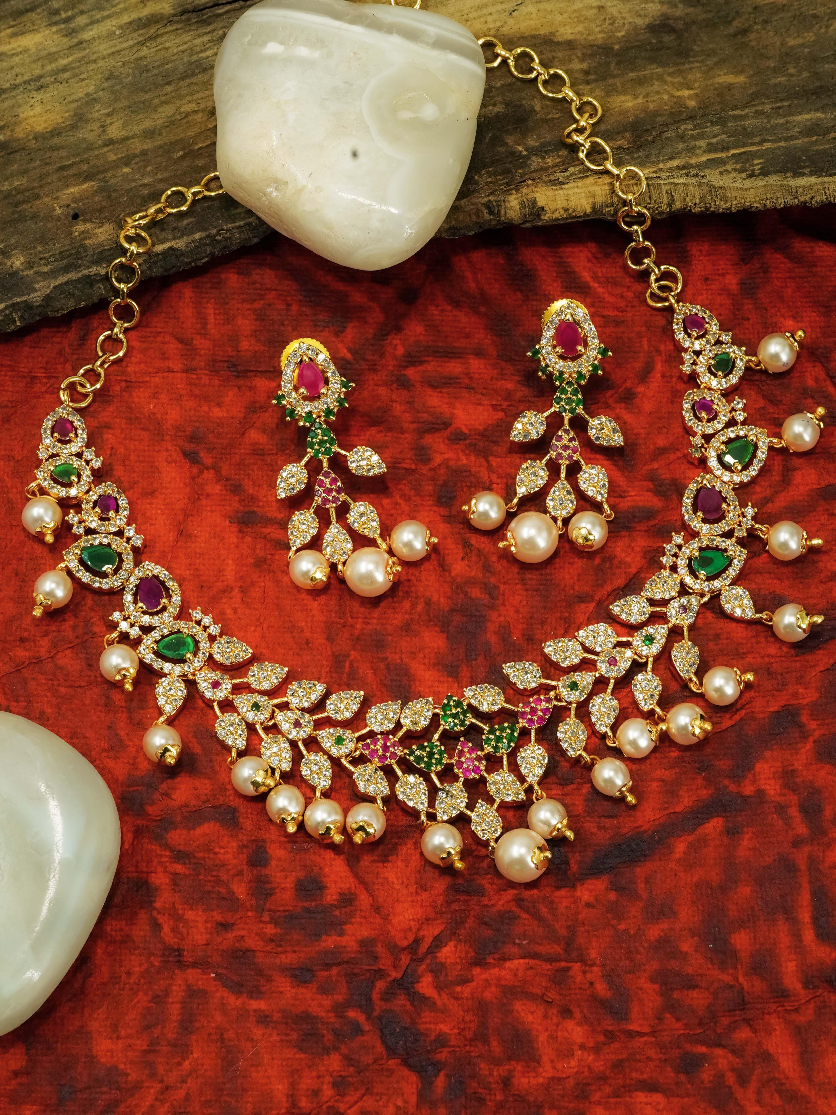 Gold Finish Ruby emerald Zercon Necklace Set 7538N - Griiham