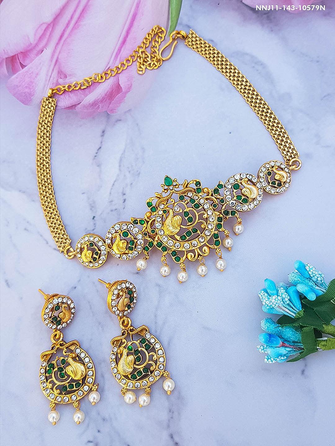 Gold Finish choker peacock pattern necklace set - Griiham