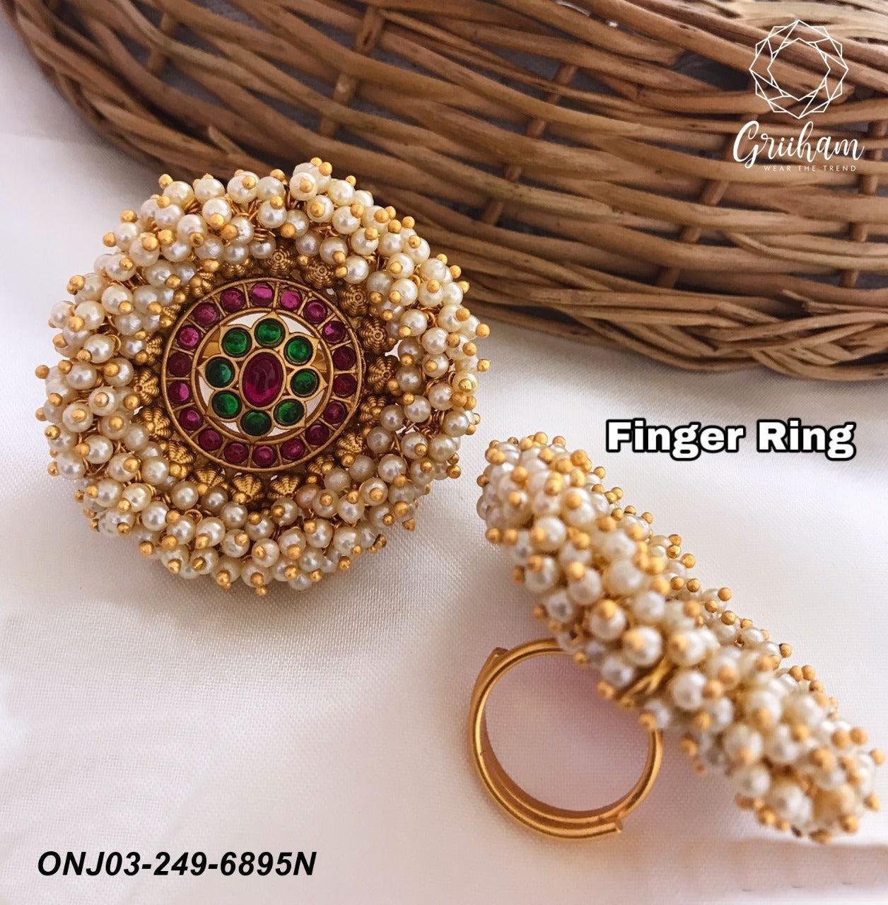 Gold Plated Adjustable Size Finger ring with Stones and Pearls 6895N