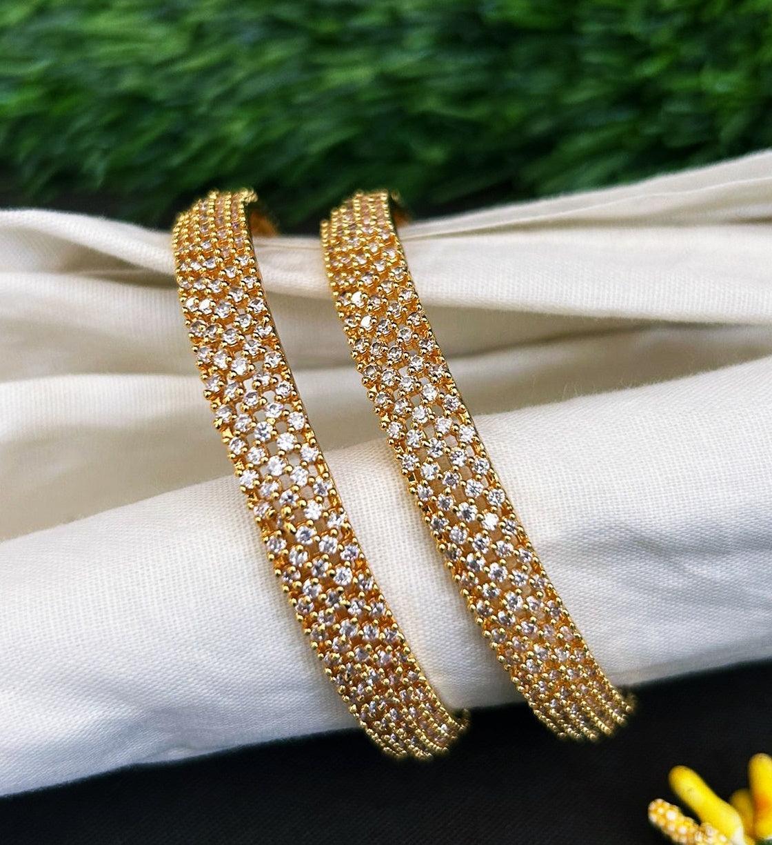 Gold Plated CZ Stone Studded Broad Floral Set of 2 bangles - Griiham