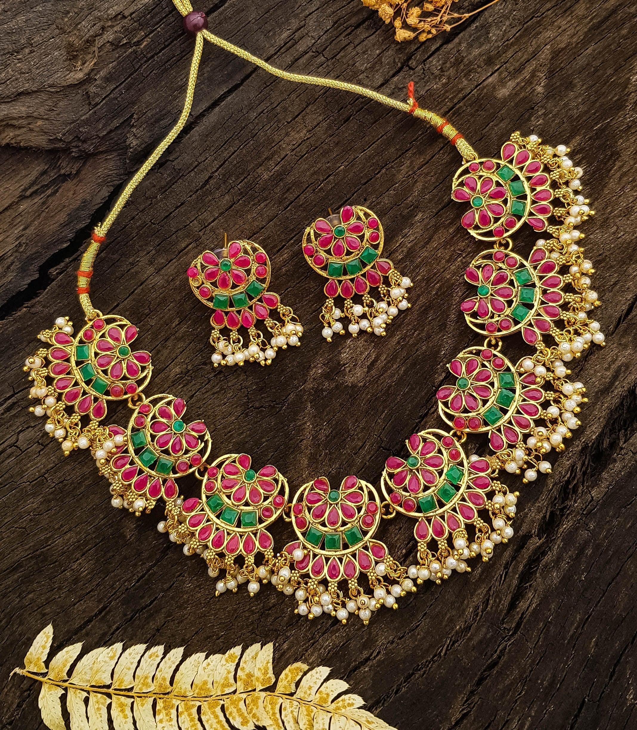 Gold Plated Chandbali Necklace Set with AD Stones