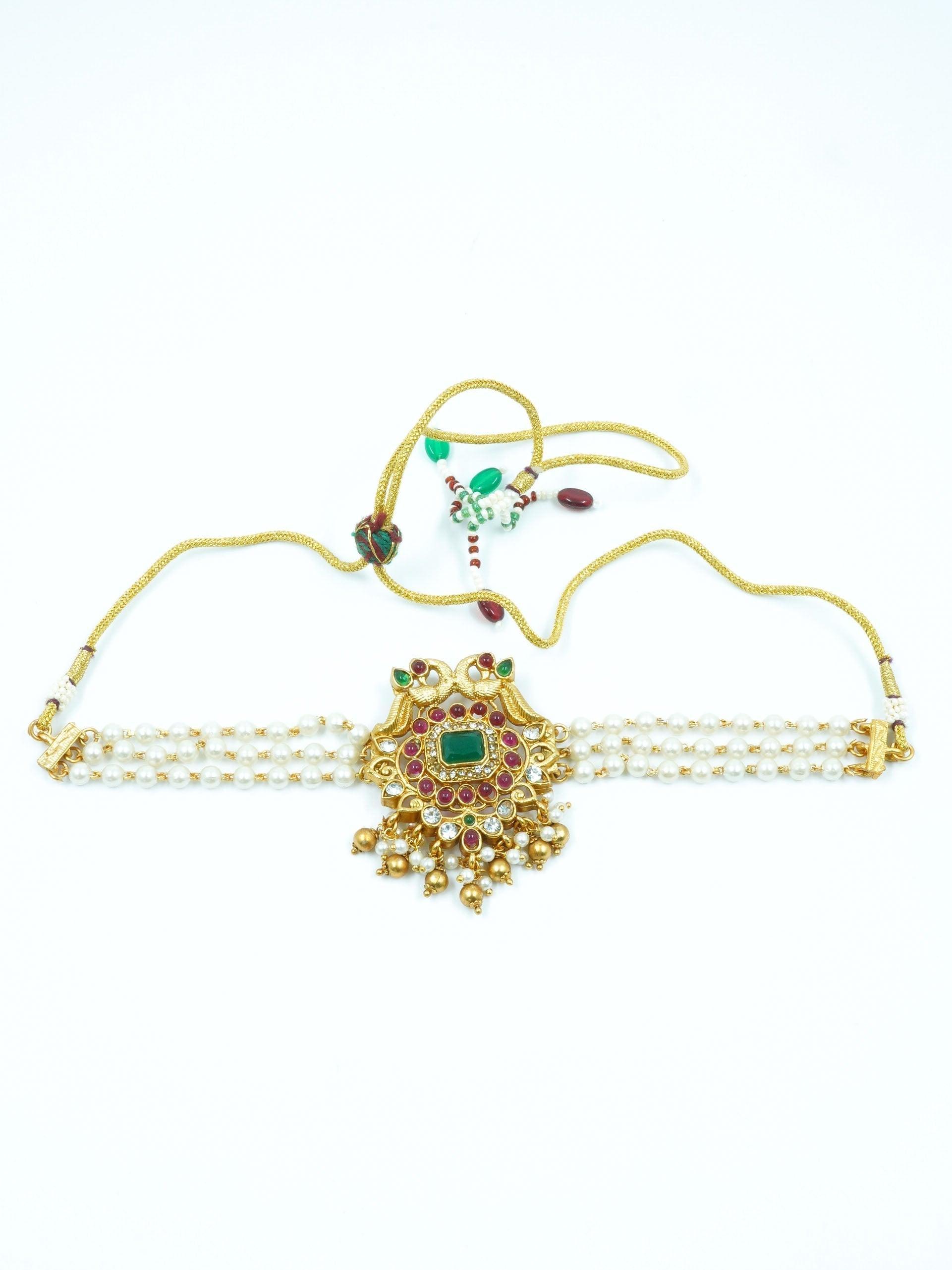 Gold Plated Choker Necklace Set with pearls and Multi colour stones 12364N - Griiham