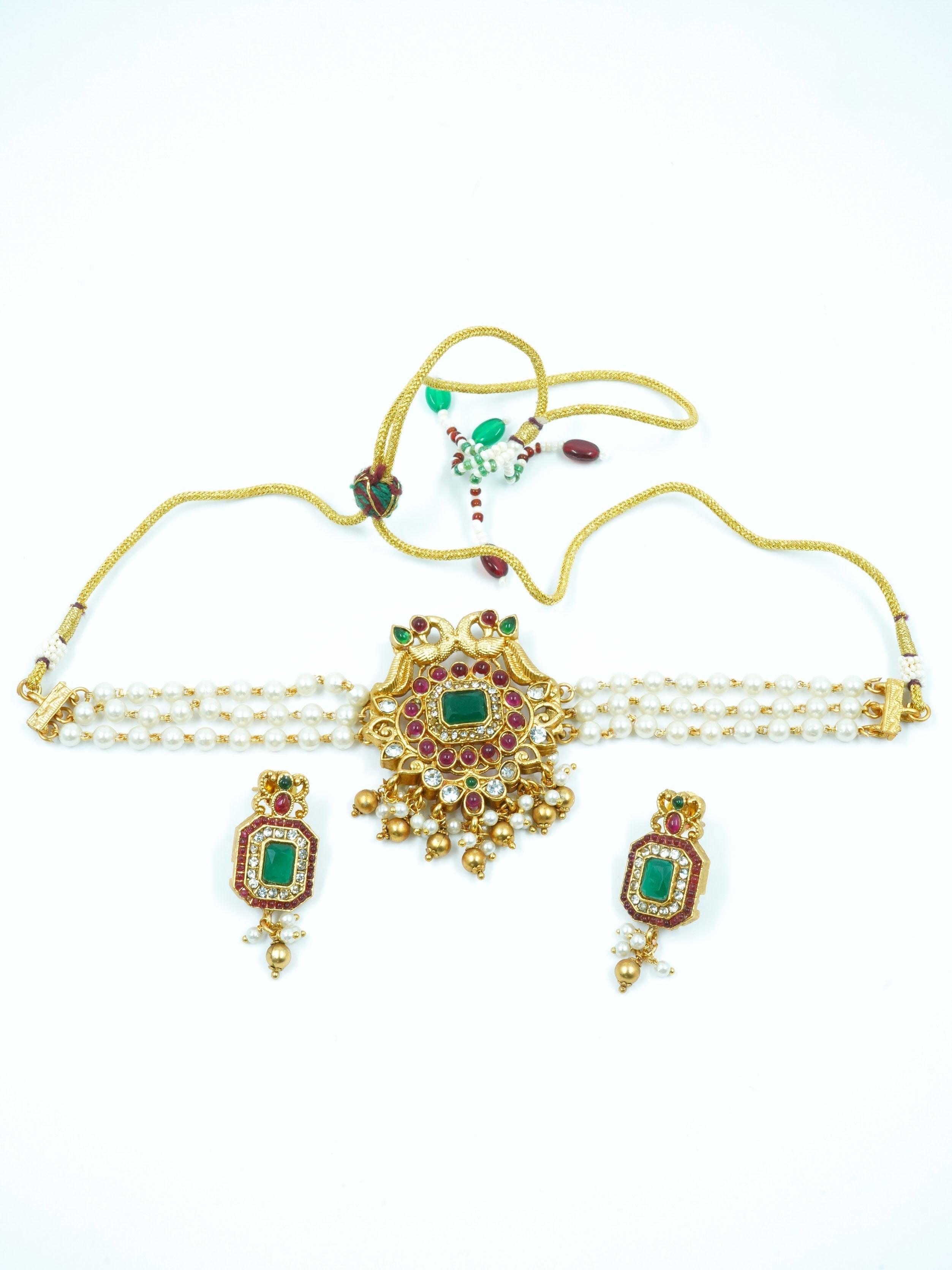 Gold Plated Choker Necklace Set with pearls and Multi colour stones 12364N - Griiham