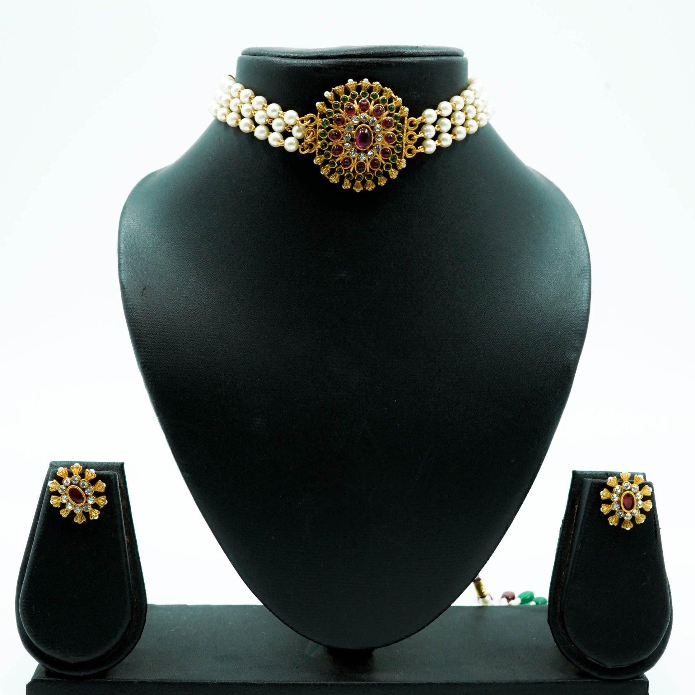 Gold Plated Choker Necklace set with Pearl Mal - Griiham