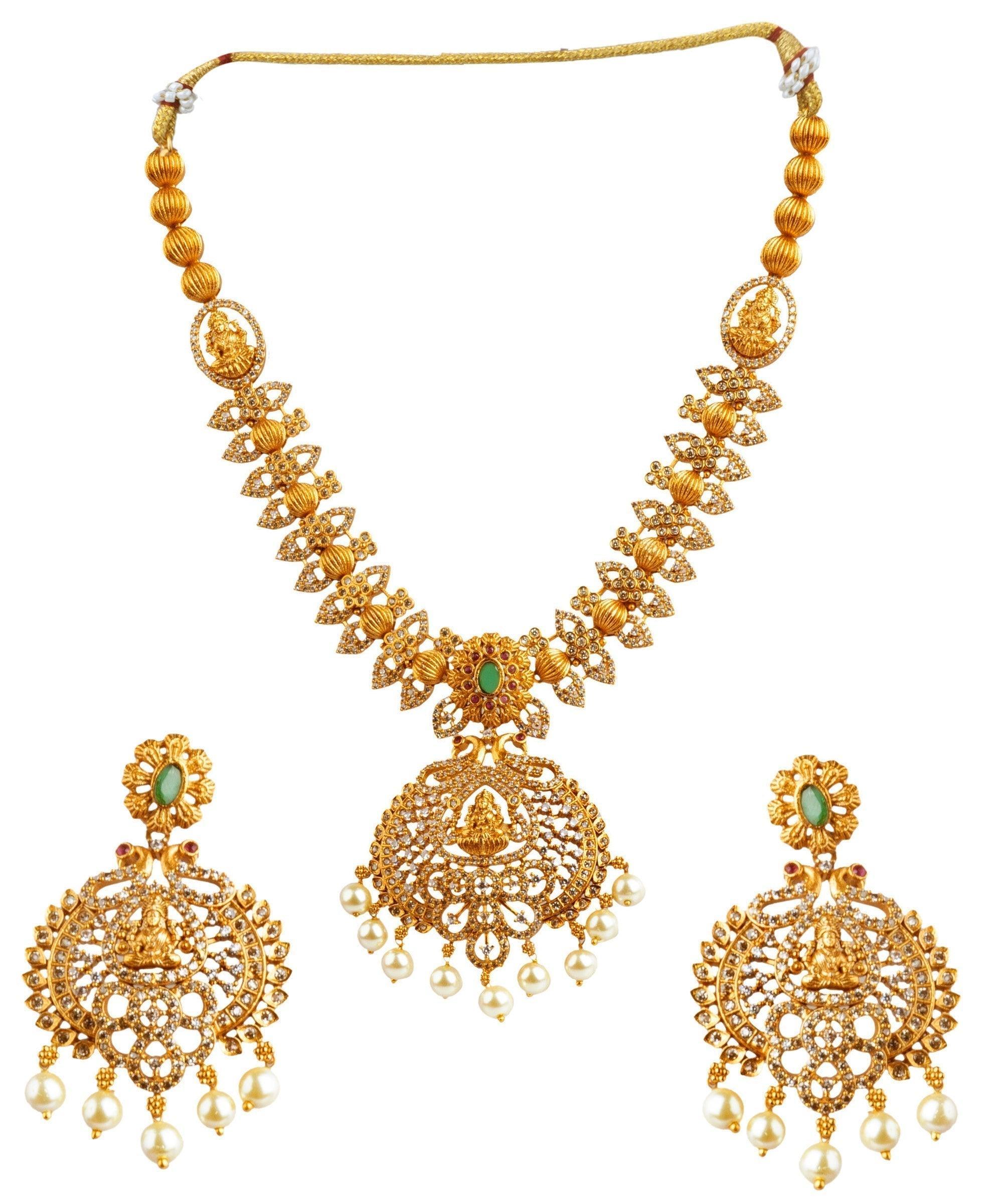 Gold Plated Classic Bridal Long CZ Necklace Set Haram - Griiham