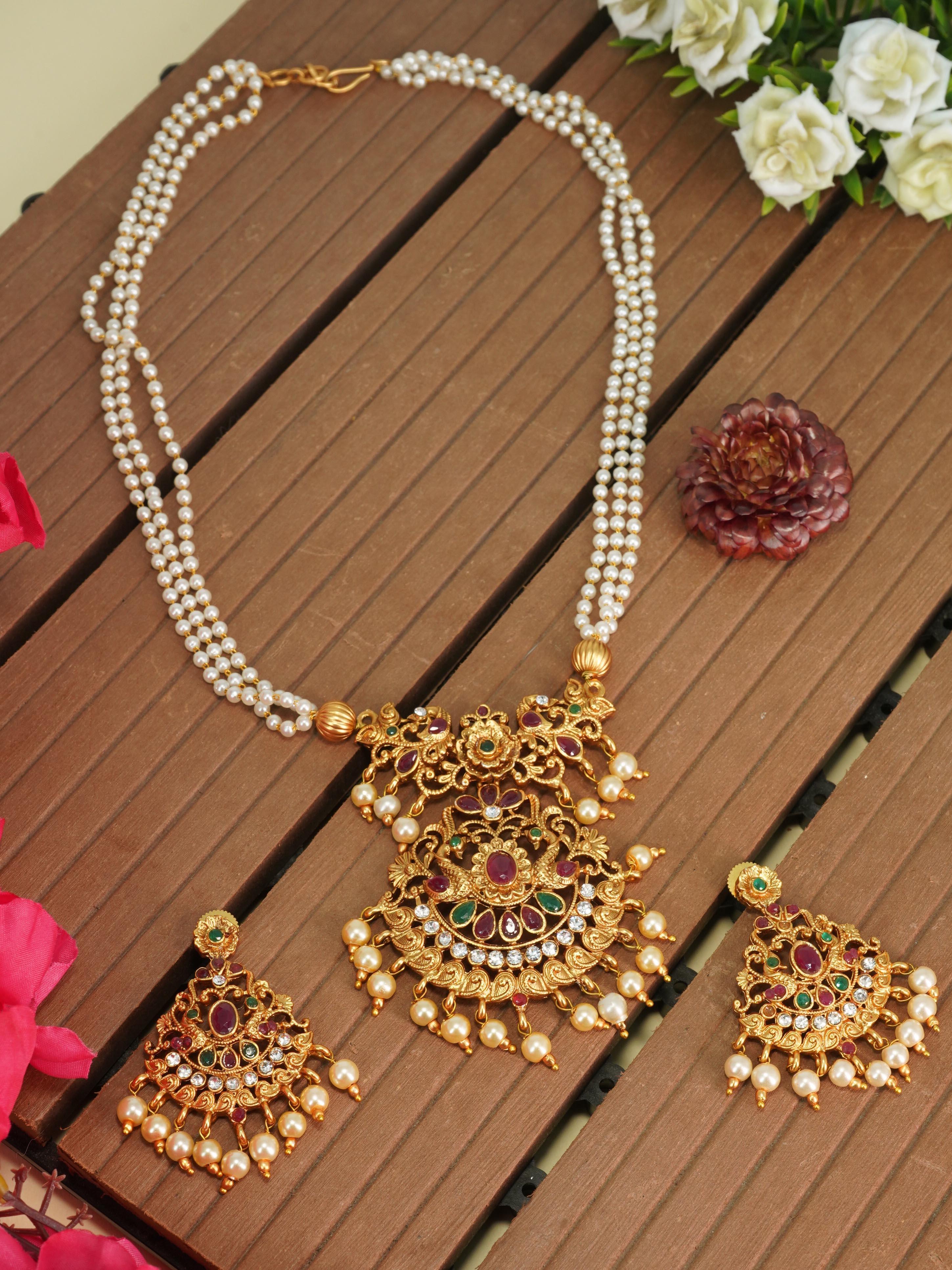 Gold Plated Classic Pendant design with Pearl mala 5949N - Griiham