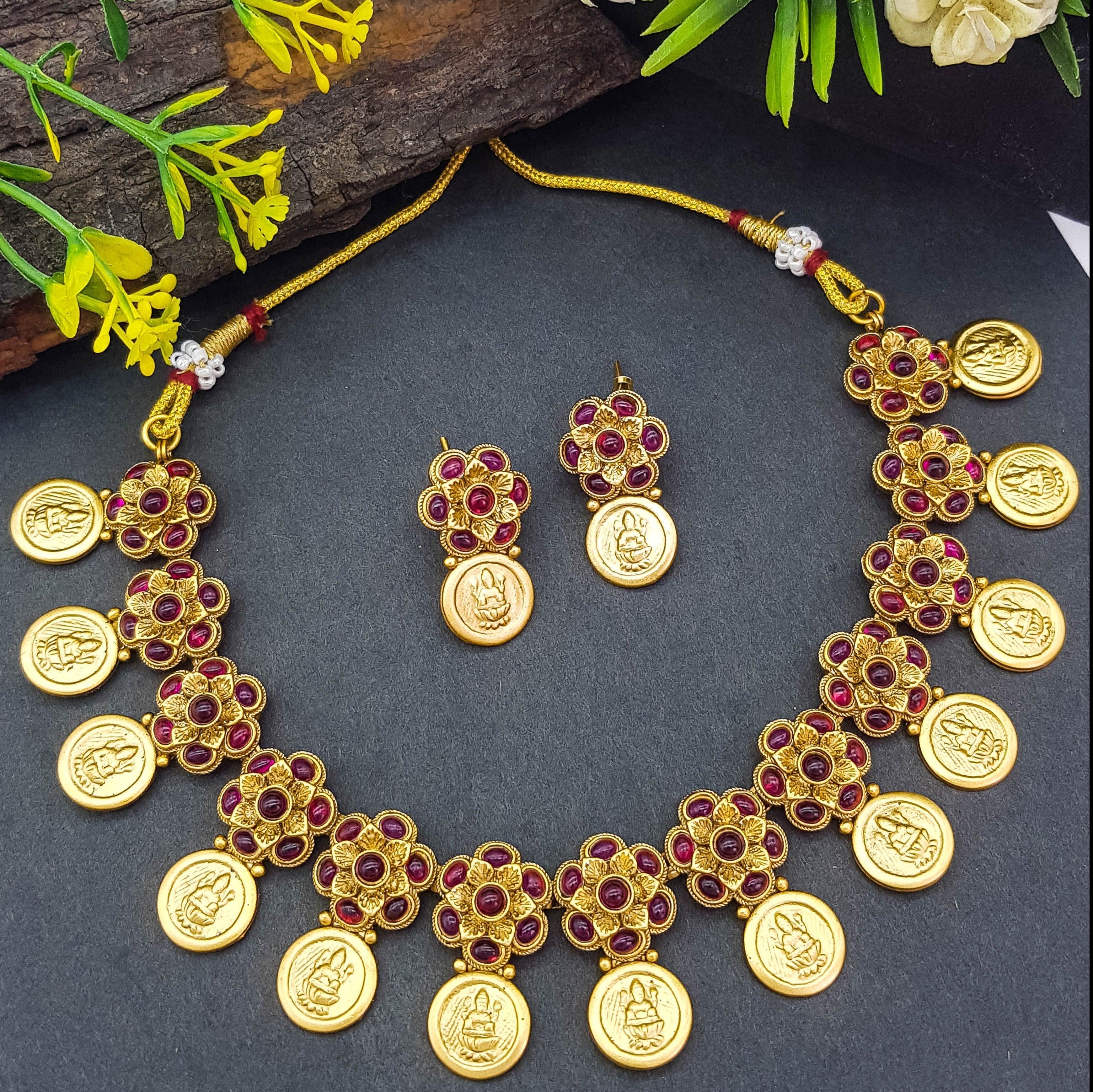 Gold Plated Cute Laxmi Coin Necklace Set - Griiham