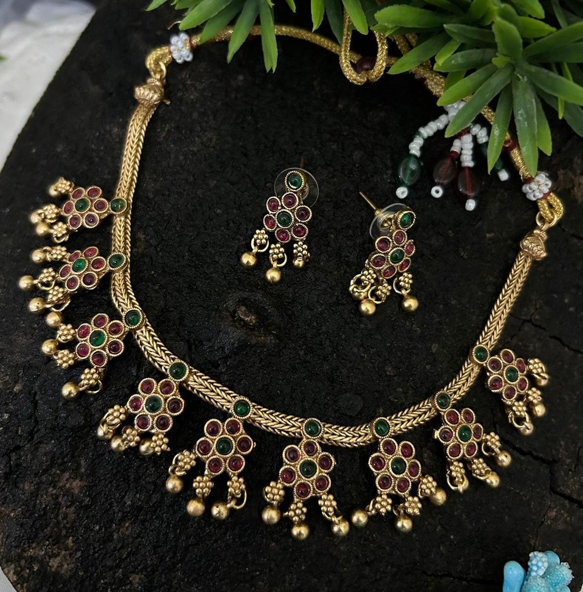 Gold Plated Cute Multi Colour Stone studded Necklace Set - Griiham