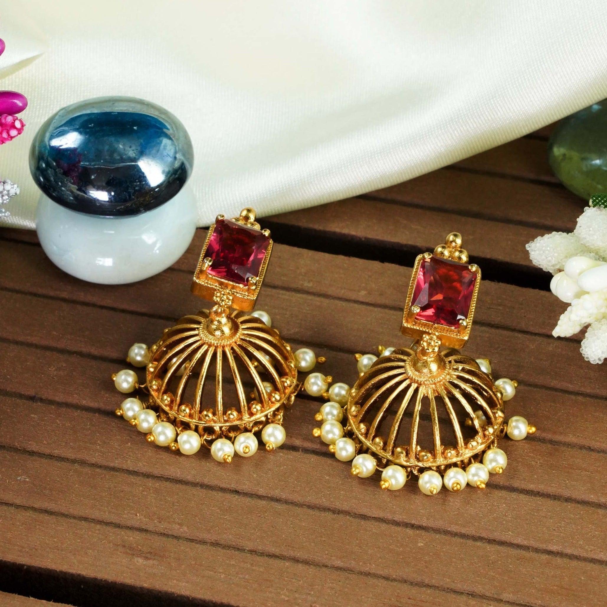 Gold Plated Cz Studded Jhumka Earrings - Griiham