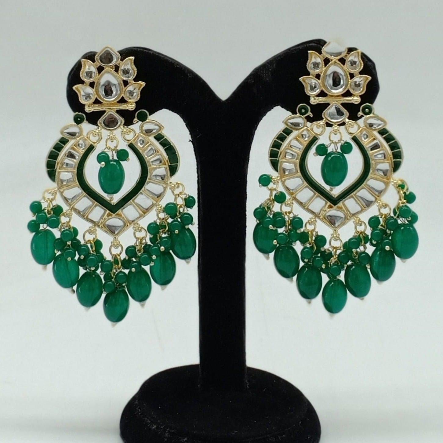 Gold Plated Designer Green beads with kundans hangings Earring / Jhumka 9444N - Griiham