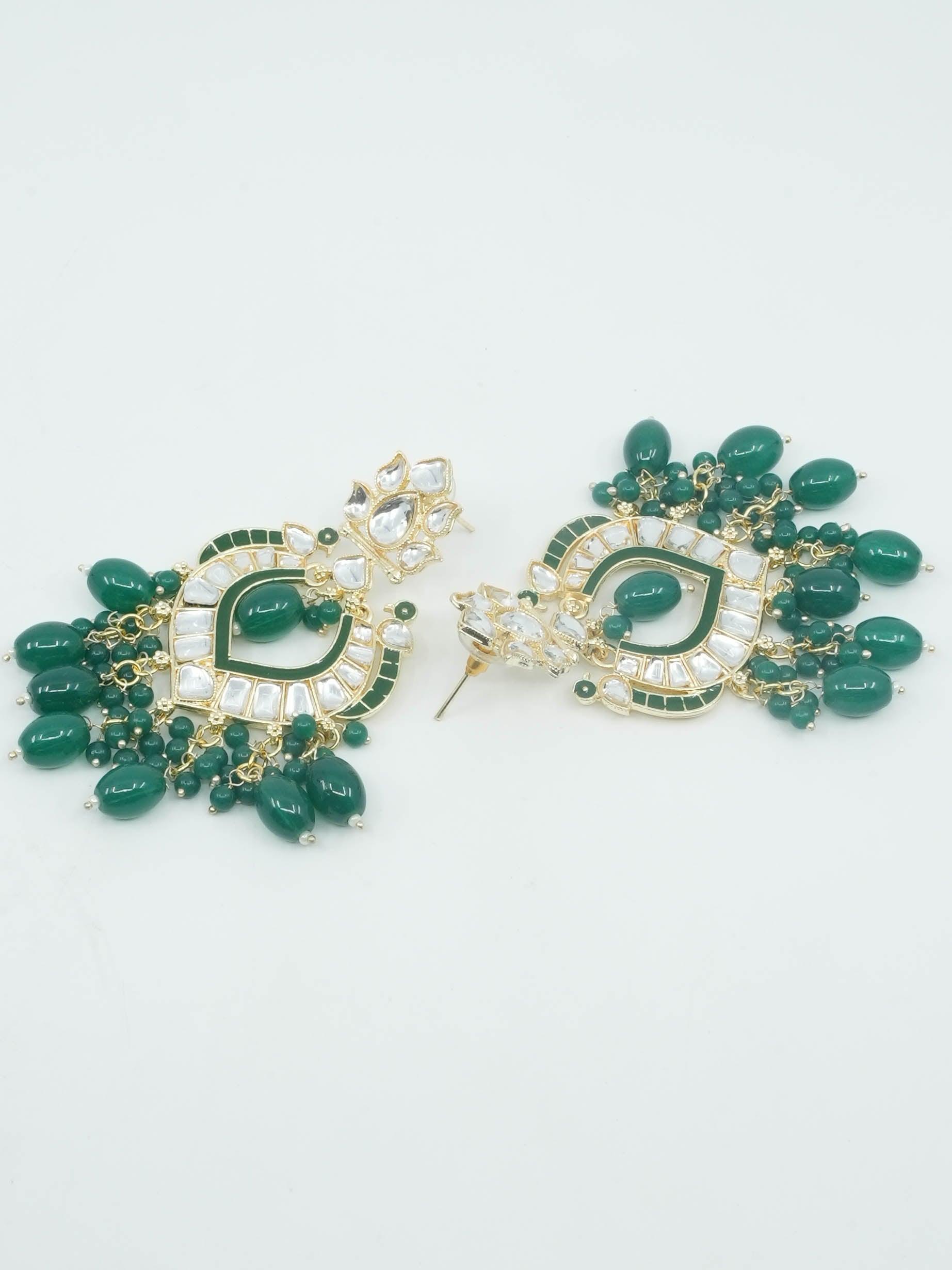 Gold Plated Designer Green beads with kundans hangings Earring / Jhumka 9444N - Griiham