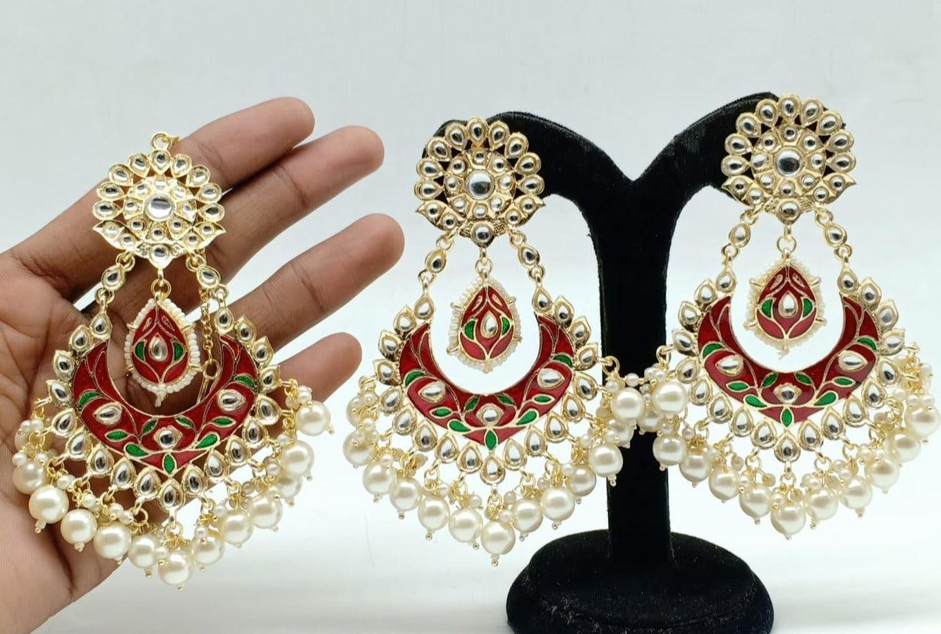 Gold Plated Designer Kundan with mirror stone studded Earring / Jhumka with Tikka 9441N - Griiham