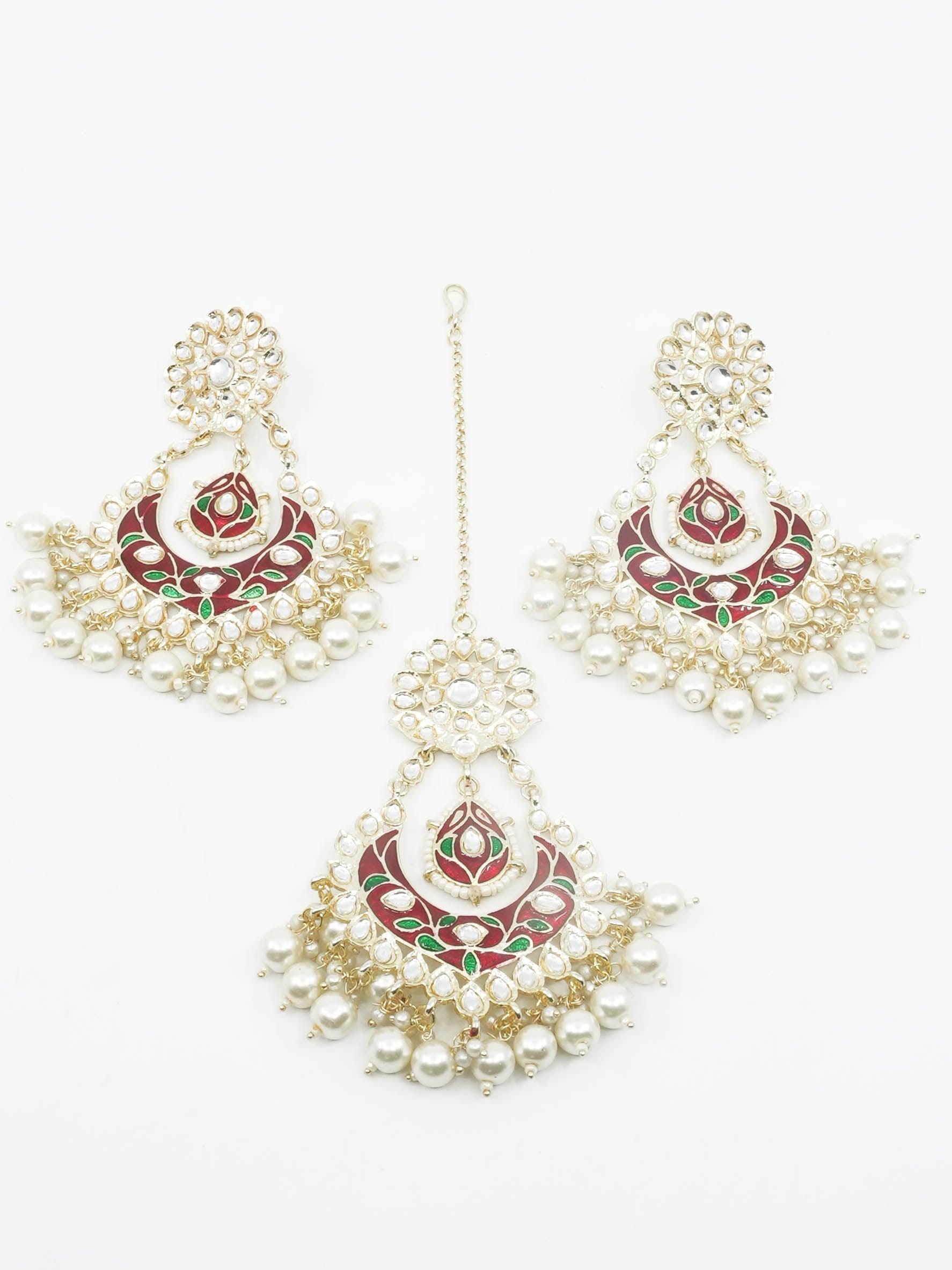 Gold Plated Designer Kundan with mirror stone studded Earring / Jhumka with Tikka 9441N - Griiham