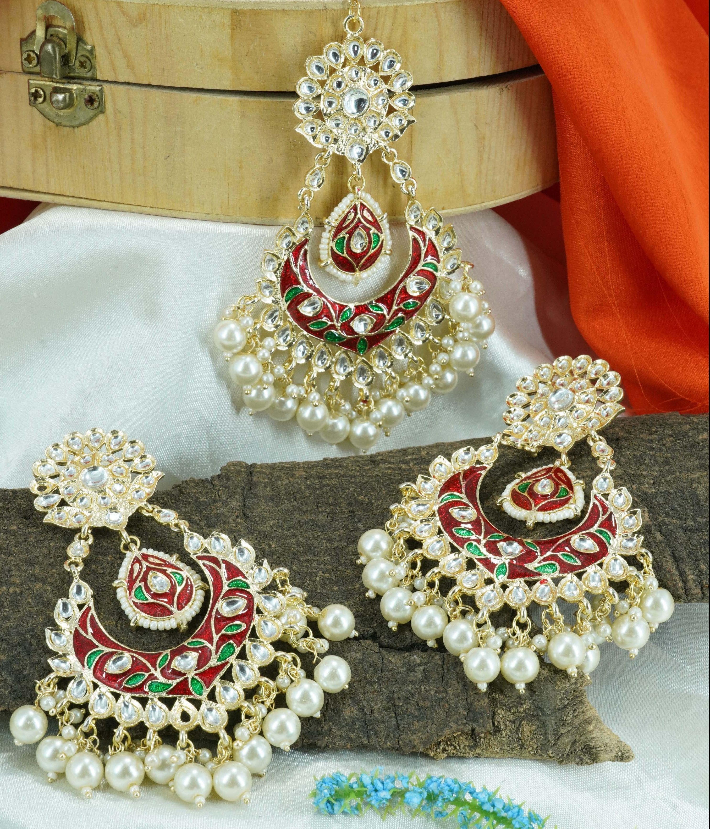 Gold Plated Designer Kundan with mirror stone studded Earring / Jhumka with Tikka 9441N - Griiham