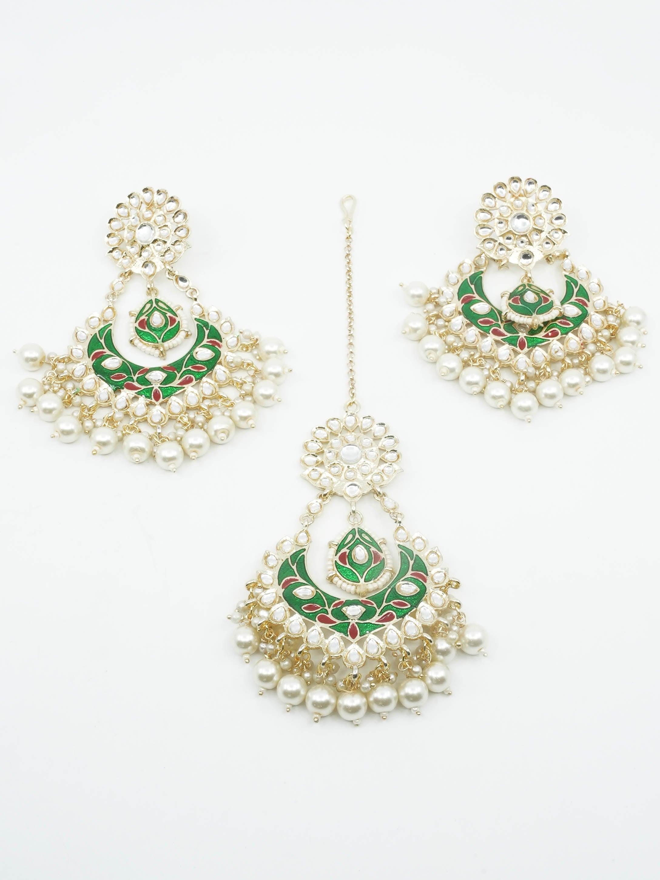 Gold Plated Designer Maroon and green multicolor with pearl beads with kundans hangings Earring / Jhumka with tikka 9442N - Griiham