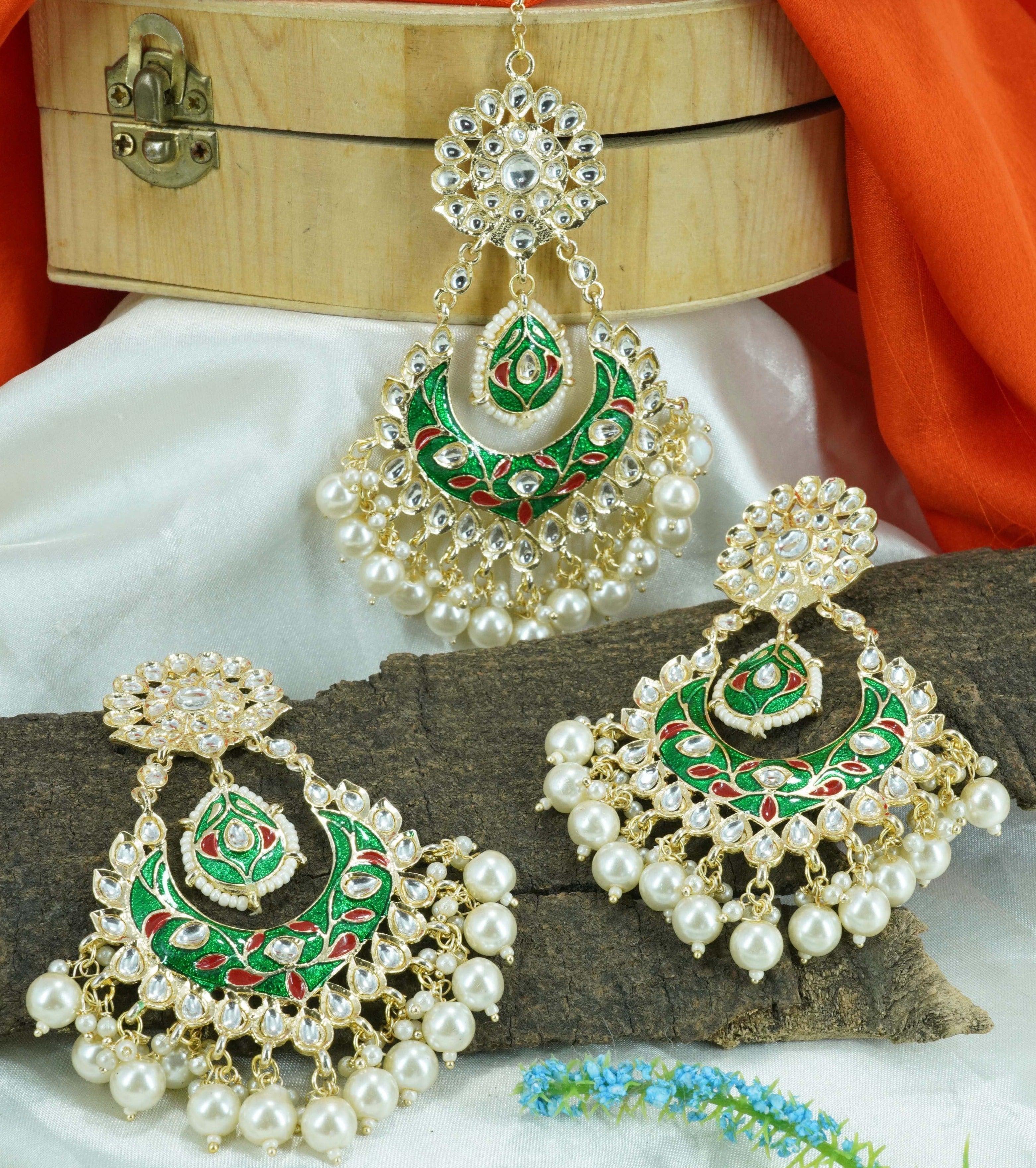 Gold Plated Designer Maroon and green multicolor with pearl beads with kundans hangings Earring / Jhumka with tikka 9442N - Griiham