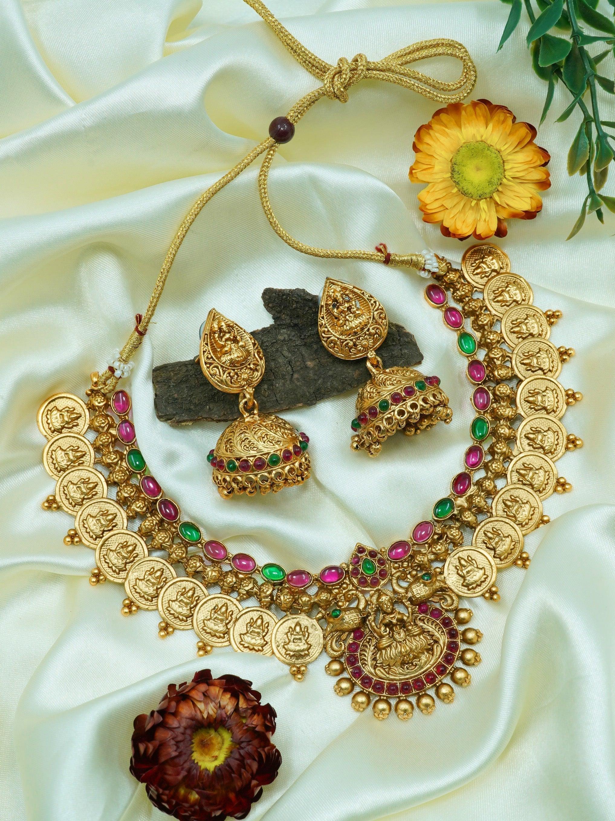 Gold Plated Designer Necklace With Laxmi with diff Colours 8867N - Griiham