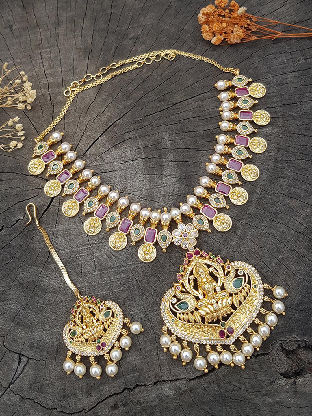 Gold Plated Designer Short Necklace with Tikka