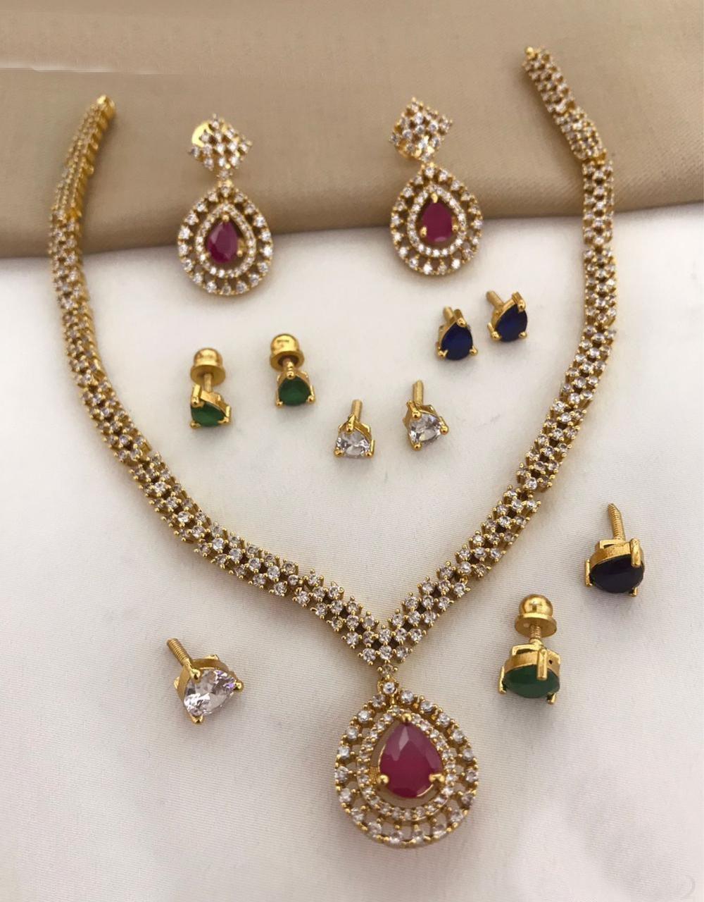 Gold Plated Drop CZ Necklace Set with 4 interchangeable stones