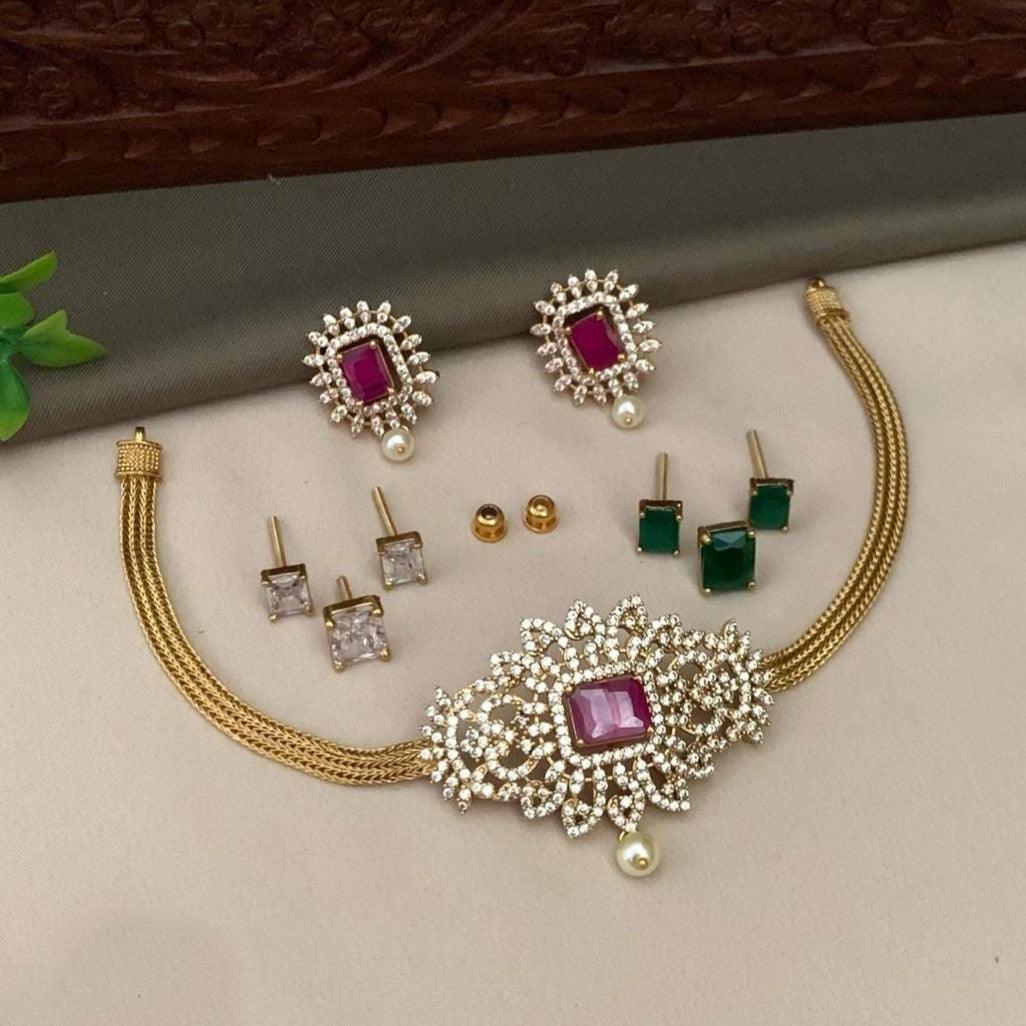 Gold Plated Drop CZ Necklace Set with 4 interchangeable stones