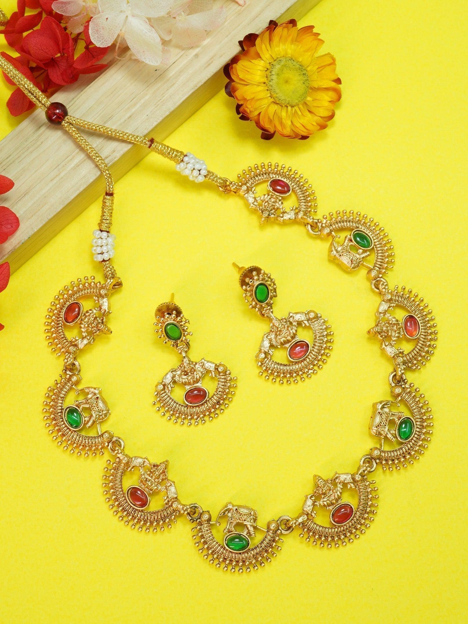 Gold Plated Elegant All occasions Designer Necklace Set with diff Colour - Griiham