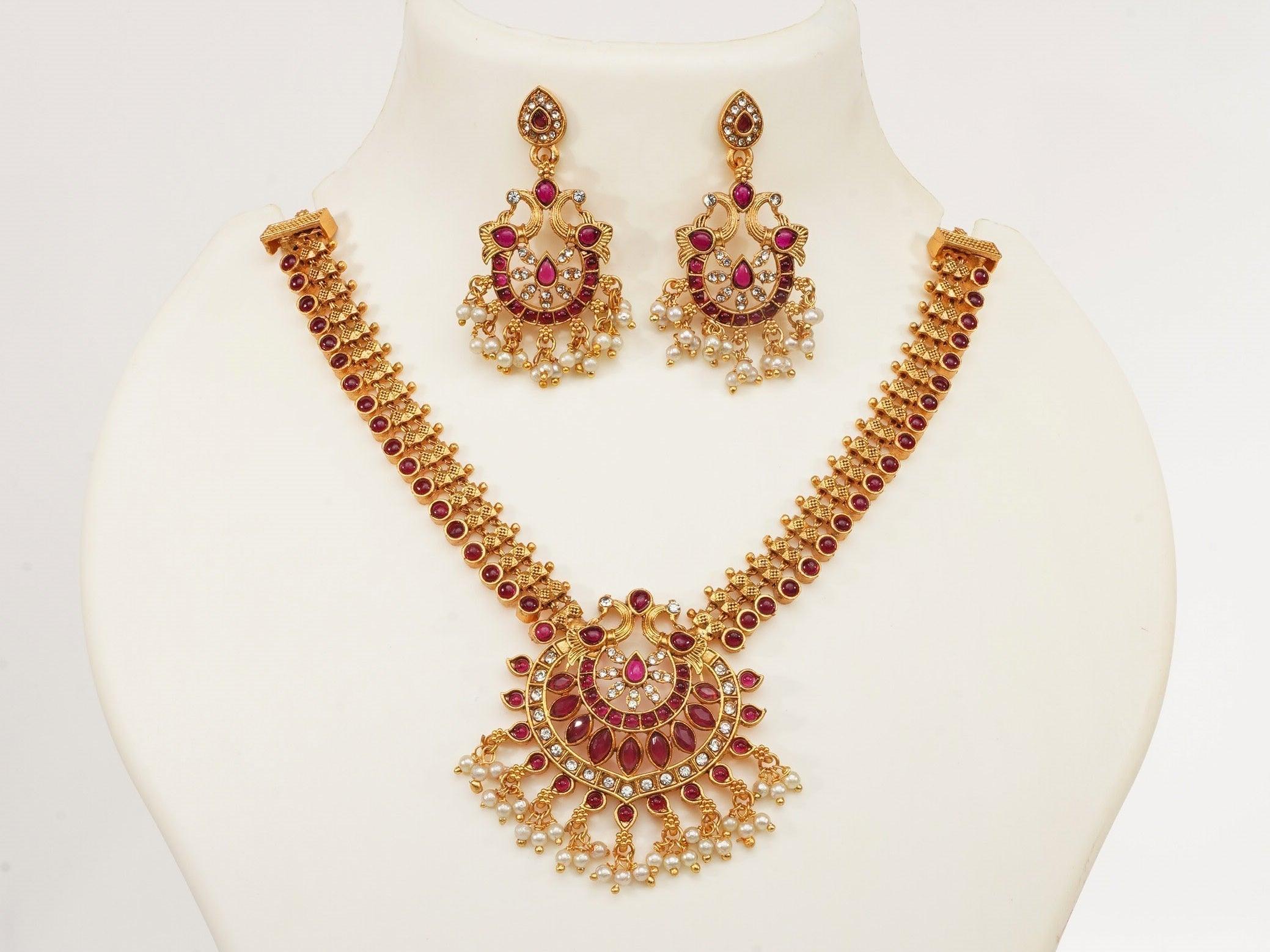 Gold Plated Elegant Classic Stone Studded Necklace Set with diff Colours 9300N - Griiham