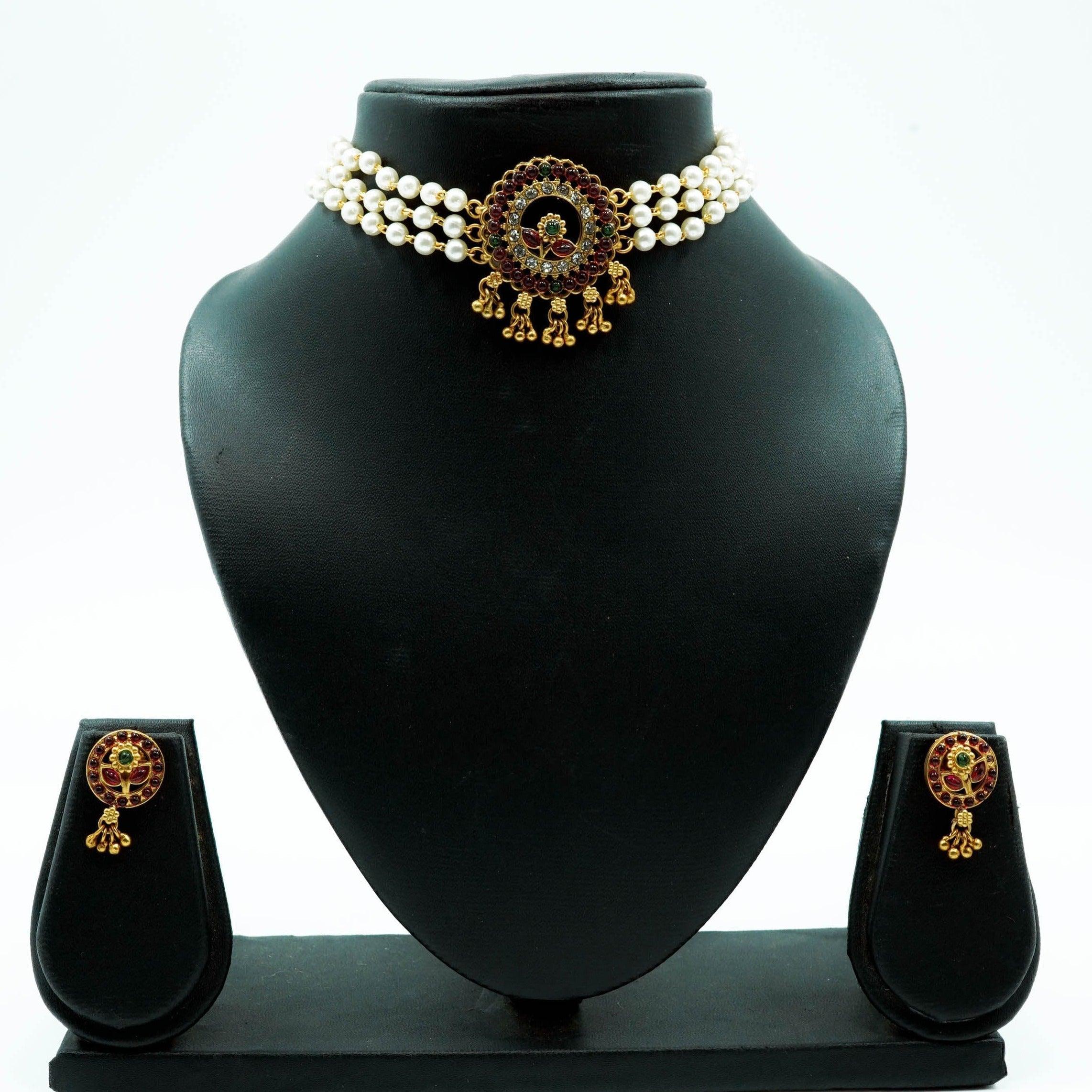 Gold Plated Elegant Short Chic Necklace set with pearl studded string 10403 - Griiham