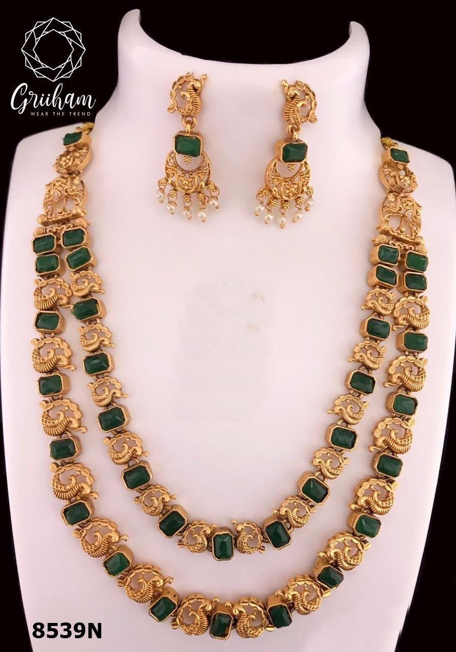 Gold Plated Exclusive Design Two Line Ranihar with diff Colours 8538N-Necklace Set-Griiham-Green-Griiham