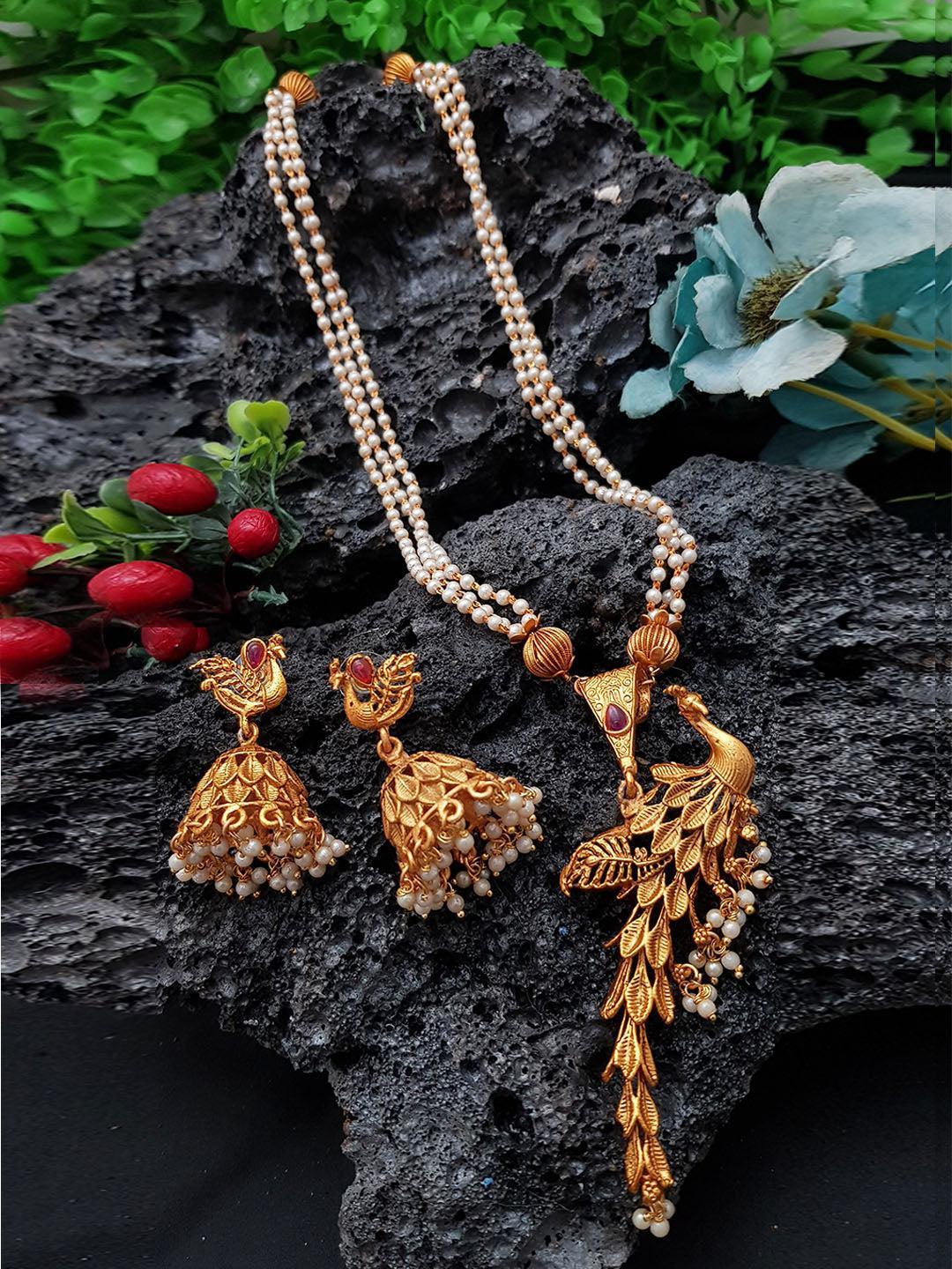 Gold Plated Exclusive Peacock Pendant set with pearl mala 8000N-Necklace Set-Griiham-Griiham