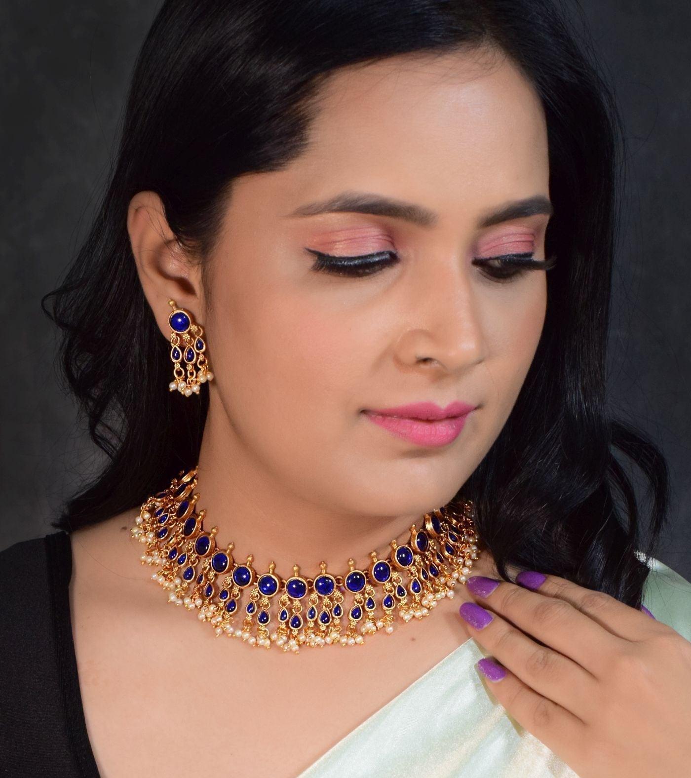 Gold Plated Exclusive bestseller Blue Stone Studded Necklace Set with pearl drop - Griiham