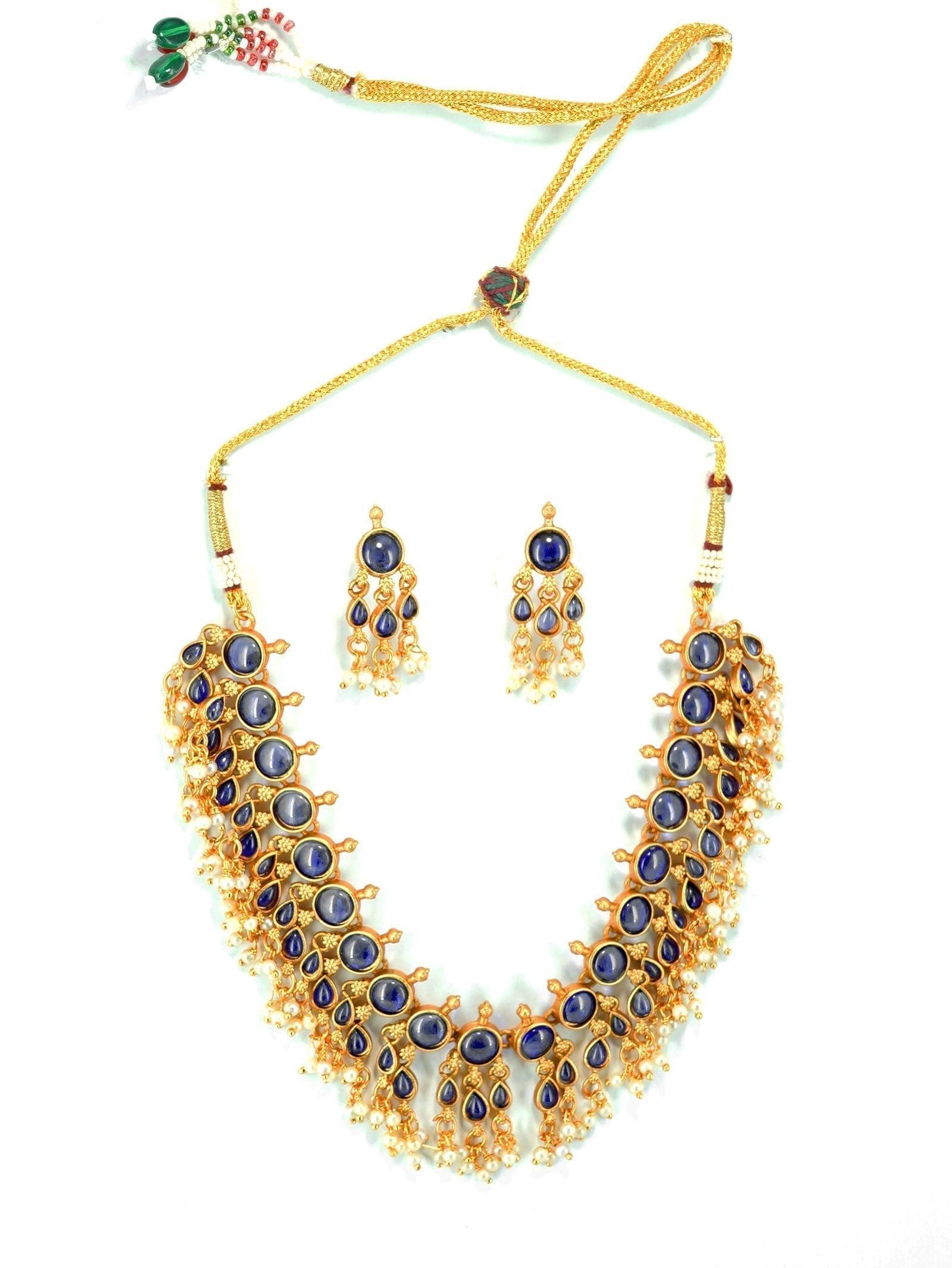 Gold Plated Exclusive bestseller Blue Stone Studded Necklace Set with pearl drop - Griiham