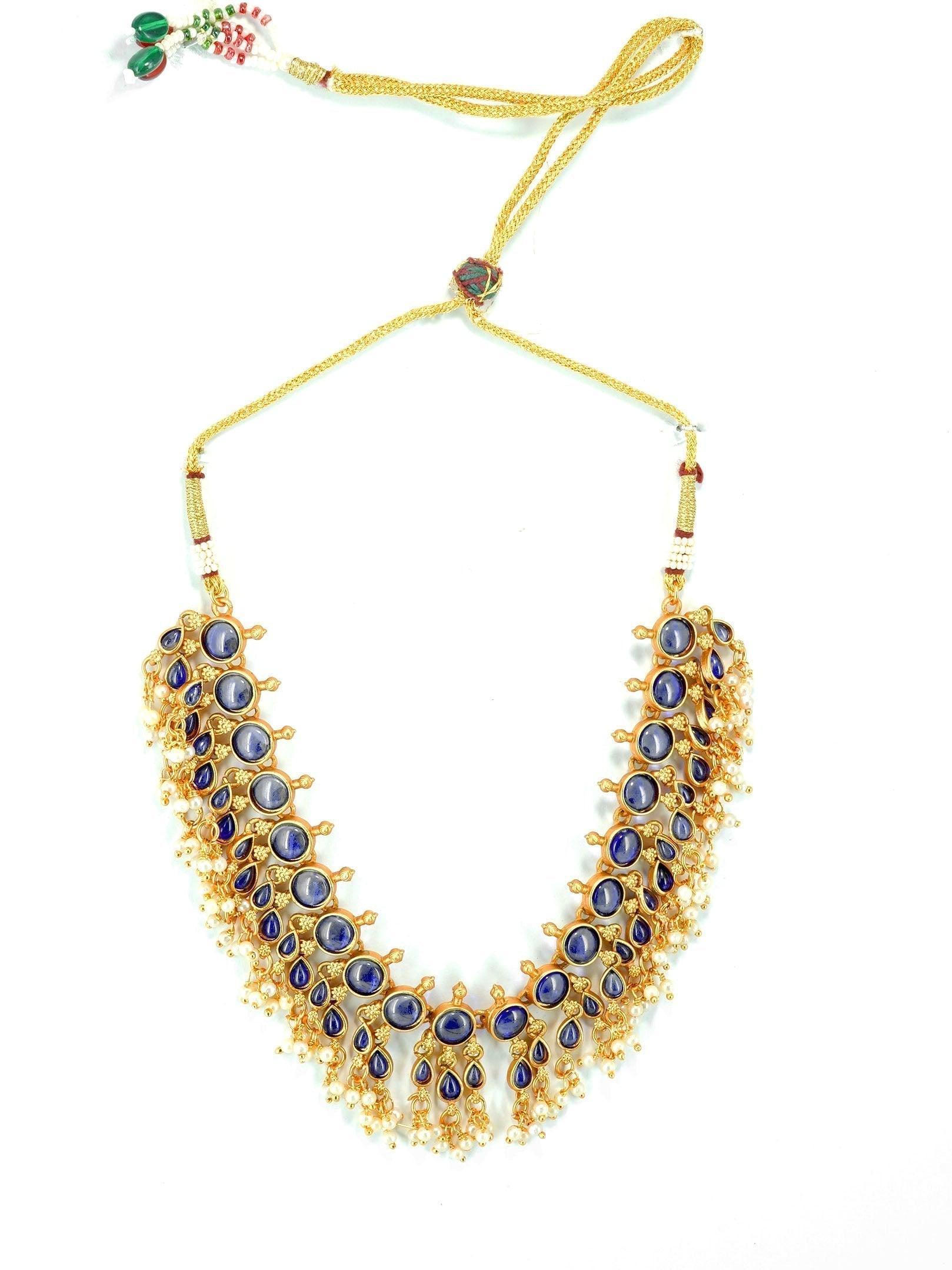 Gold Plated Exclusive bestseller Blue Stone Studded Necklace Set with pearl drop - Griiham