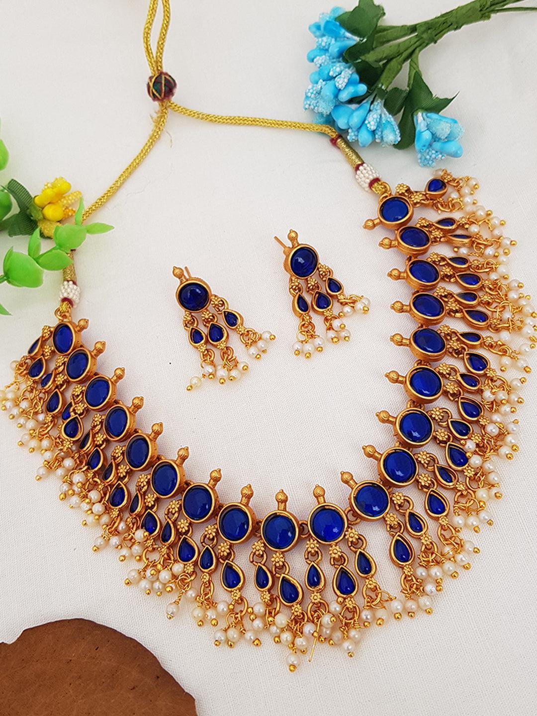 Gold Plated Exclusive bestseller Blue Stone Studded Necklace Set with pearl drop - Griiham