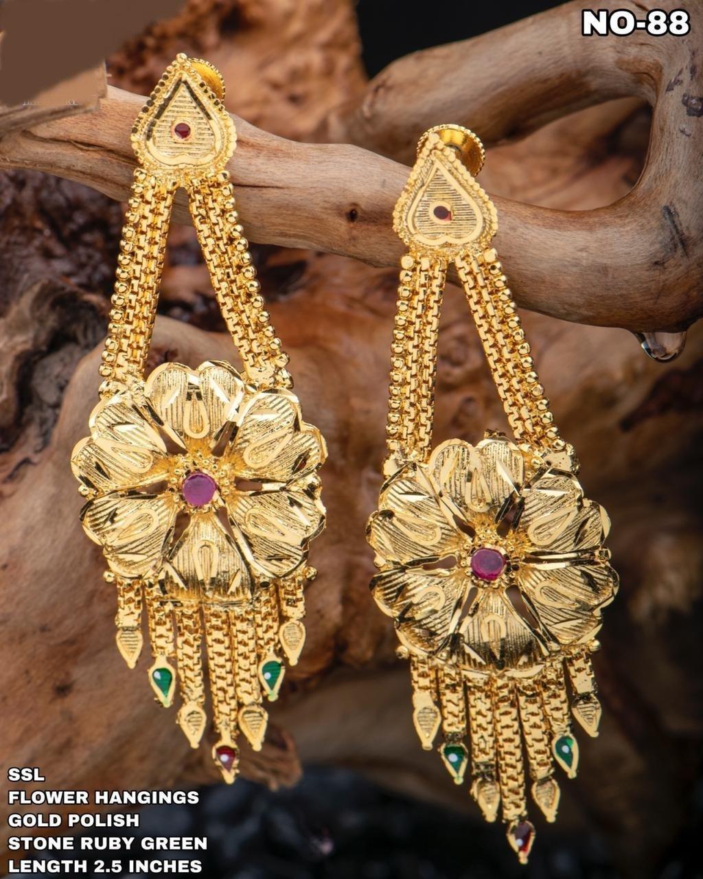 Gold Plated Floral Hangings Earrings with ruby green stone