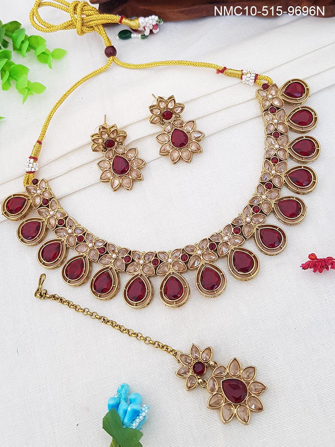 Gold Plated Kundan with Maroon Stone Studded Necklace set with Tikka 9696N - Griiham