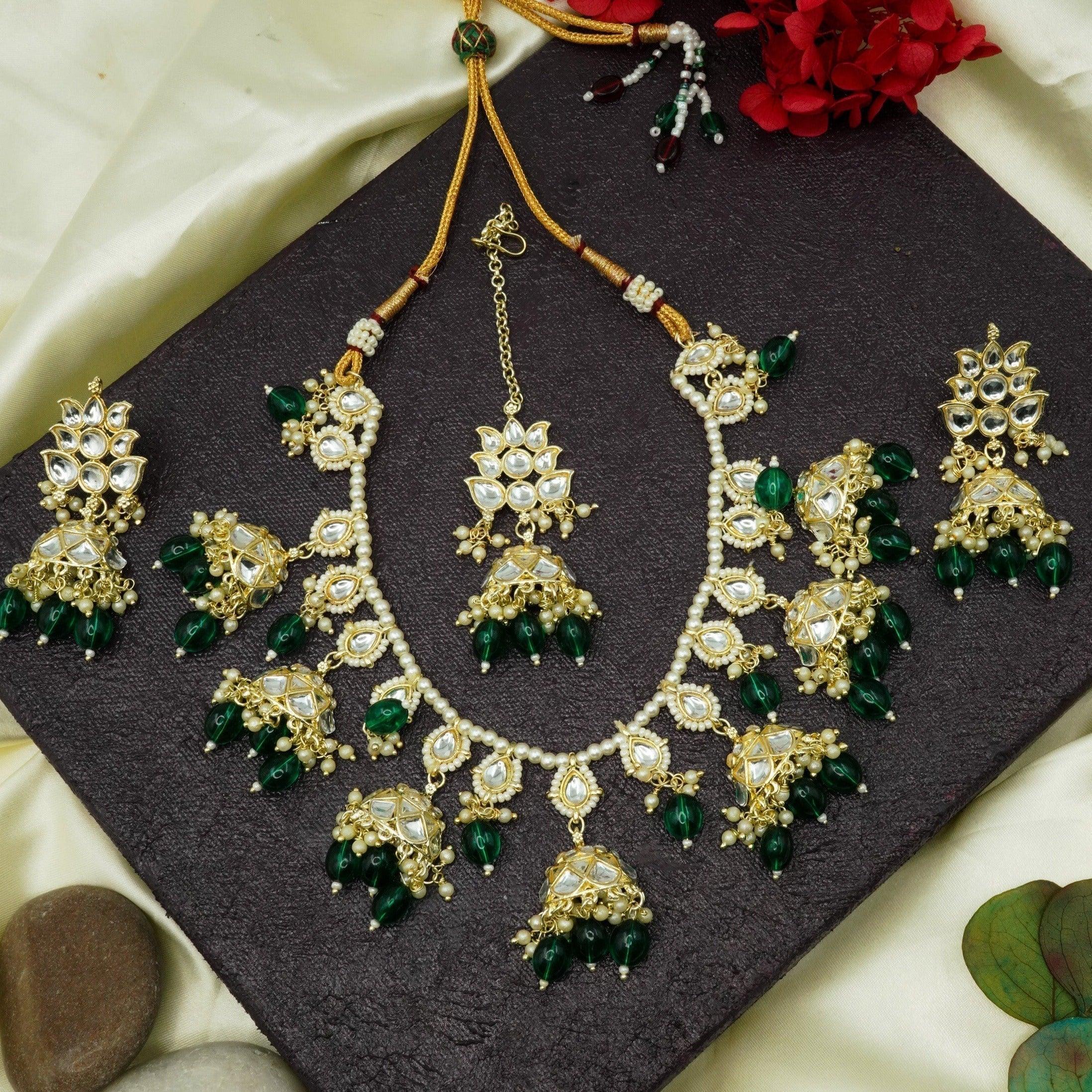 Gold Plated Kundan with Mirror Stone Half Jhumki design Necklace set with Tikk - Griiham