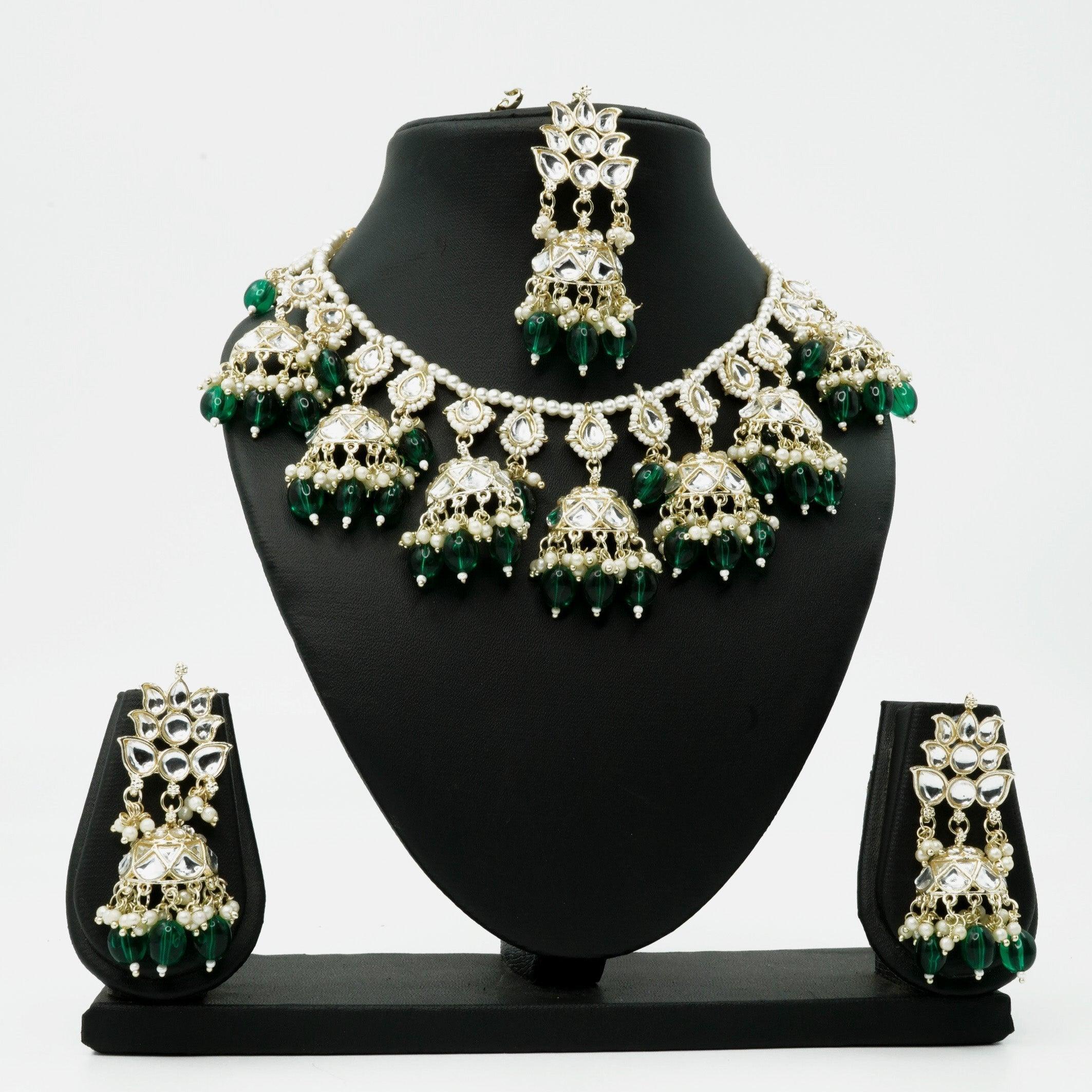 Gold Plated Kundan with Mirror Stone Half Jhumki design Necklace set with Tikk - Griiham