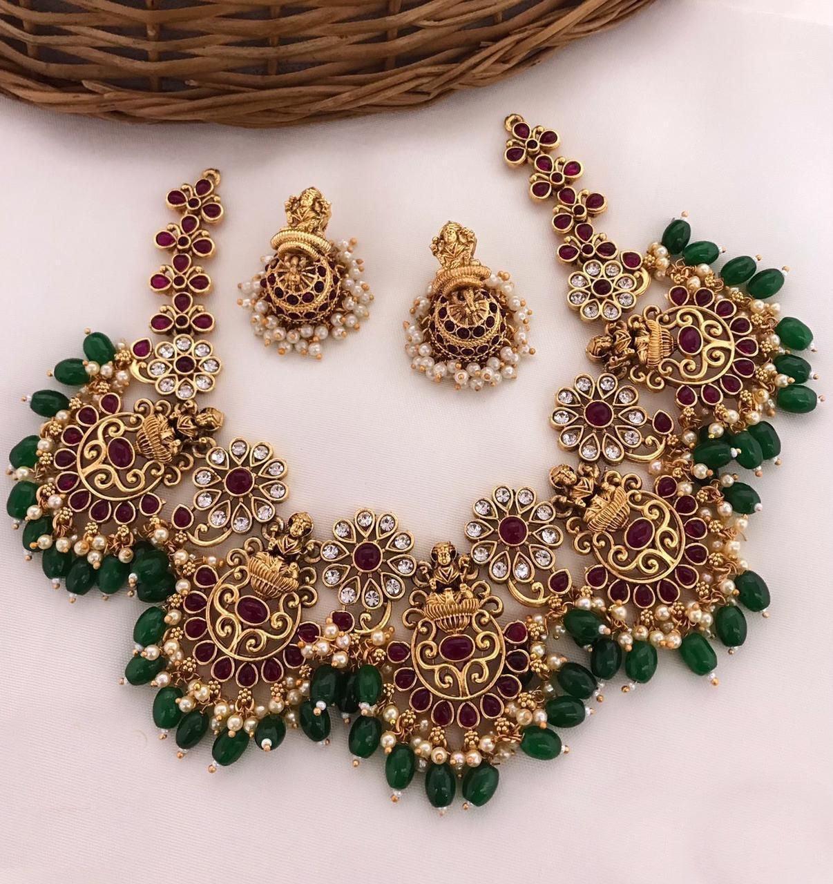 Gold Plated Laxmi Designer Necklace Set with green beads 8996N - Griiham