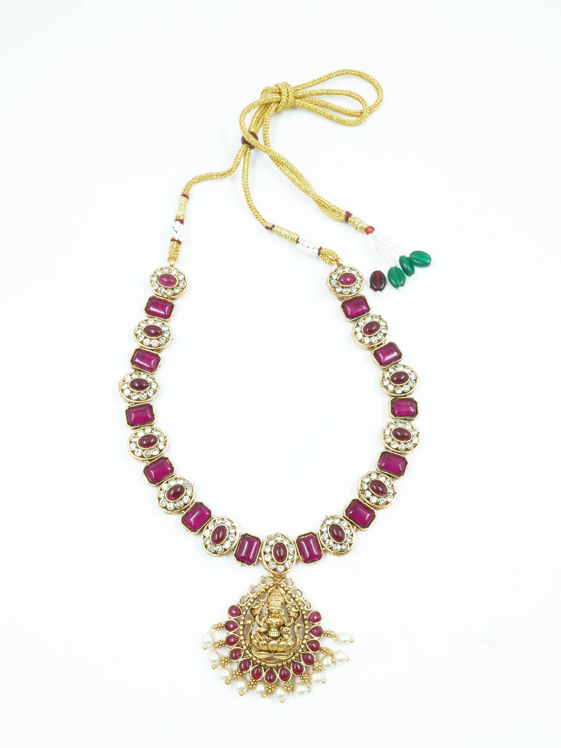 Gold Plated Laxmi Necklace Set with Red White Color Stones - Griiham