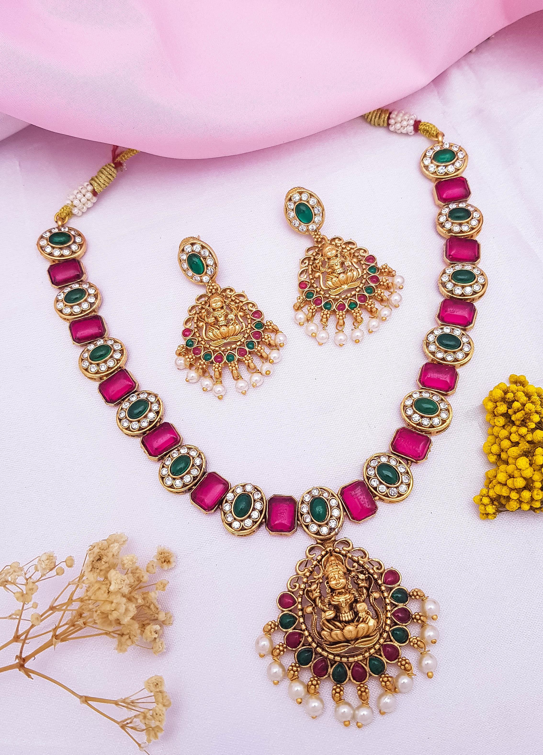 Gold Plated Laxmi Necklace Set with Red White Color Stones