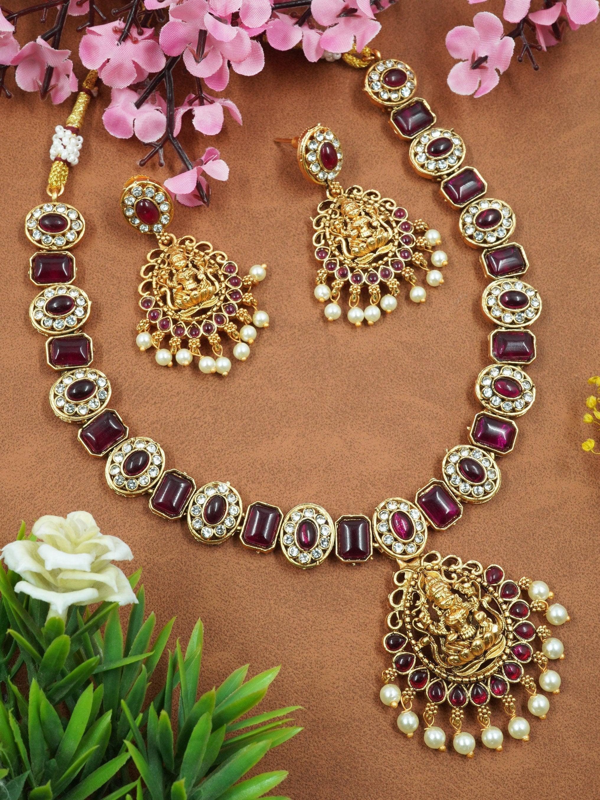 Gold Plated Laxmi Necklace Set with Red White Color Stones - Griiham