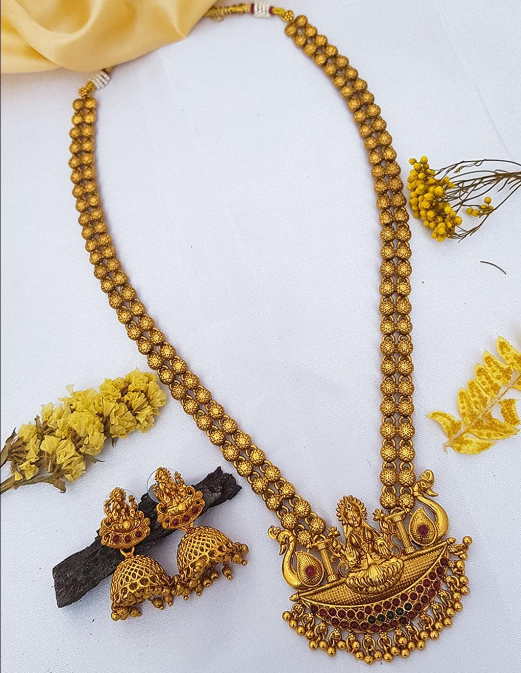 Gold Plated Long Laxmi Necklace Haram Set 14188N - Griiham