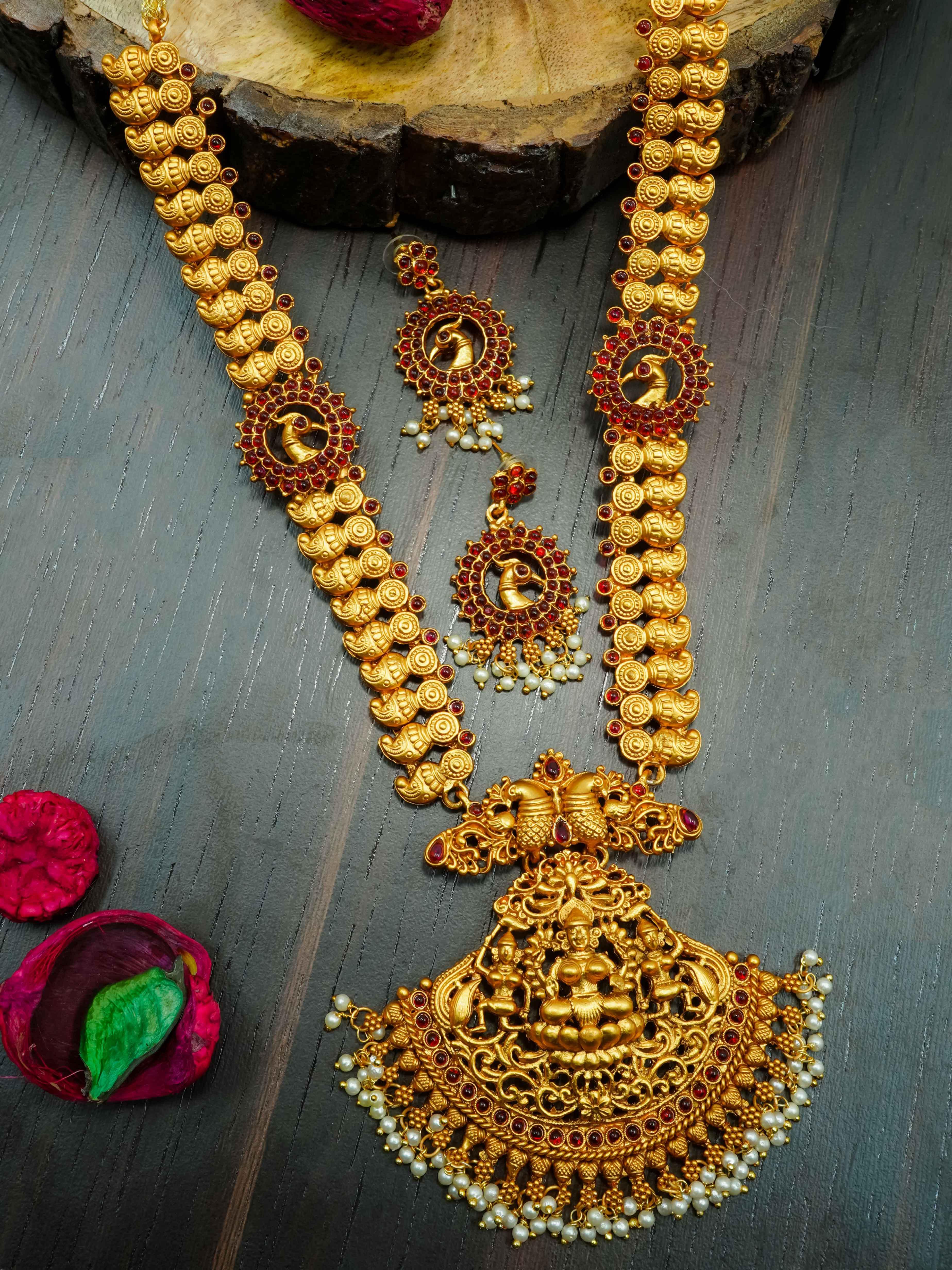 Gold Plated Long Laxmi Necklace Set with pearls and Multi colour stones 12080N - Griiham