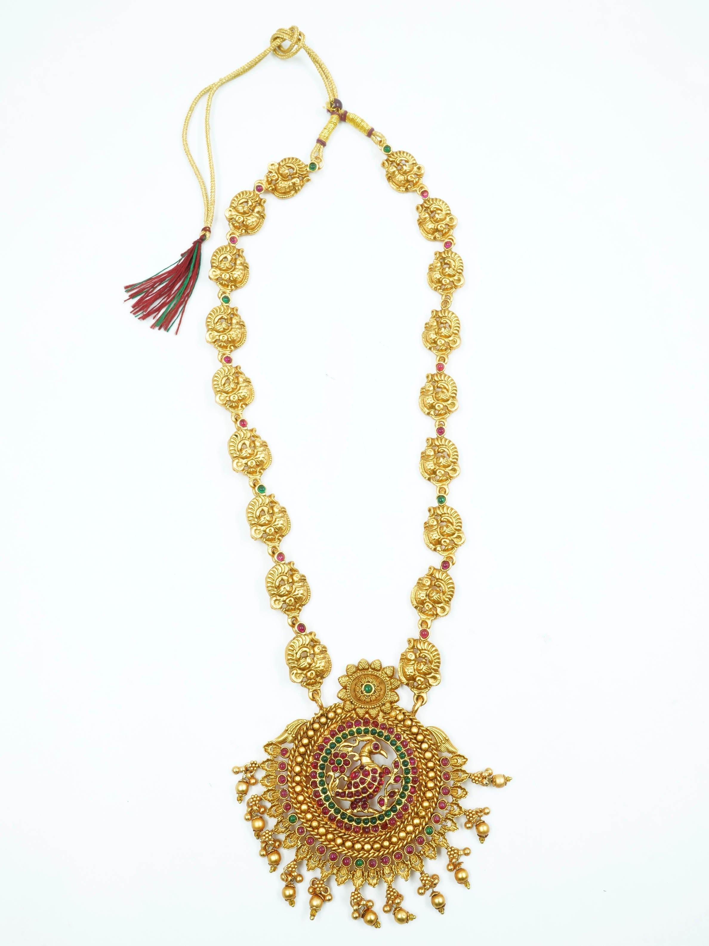 Gold Plated Long Peacock Necklace Set with Multi Color Stones 12002N - Griiham