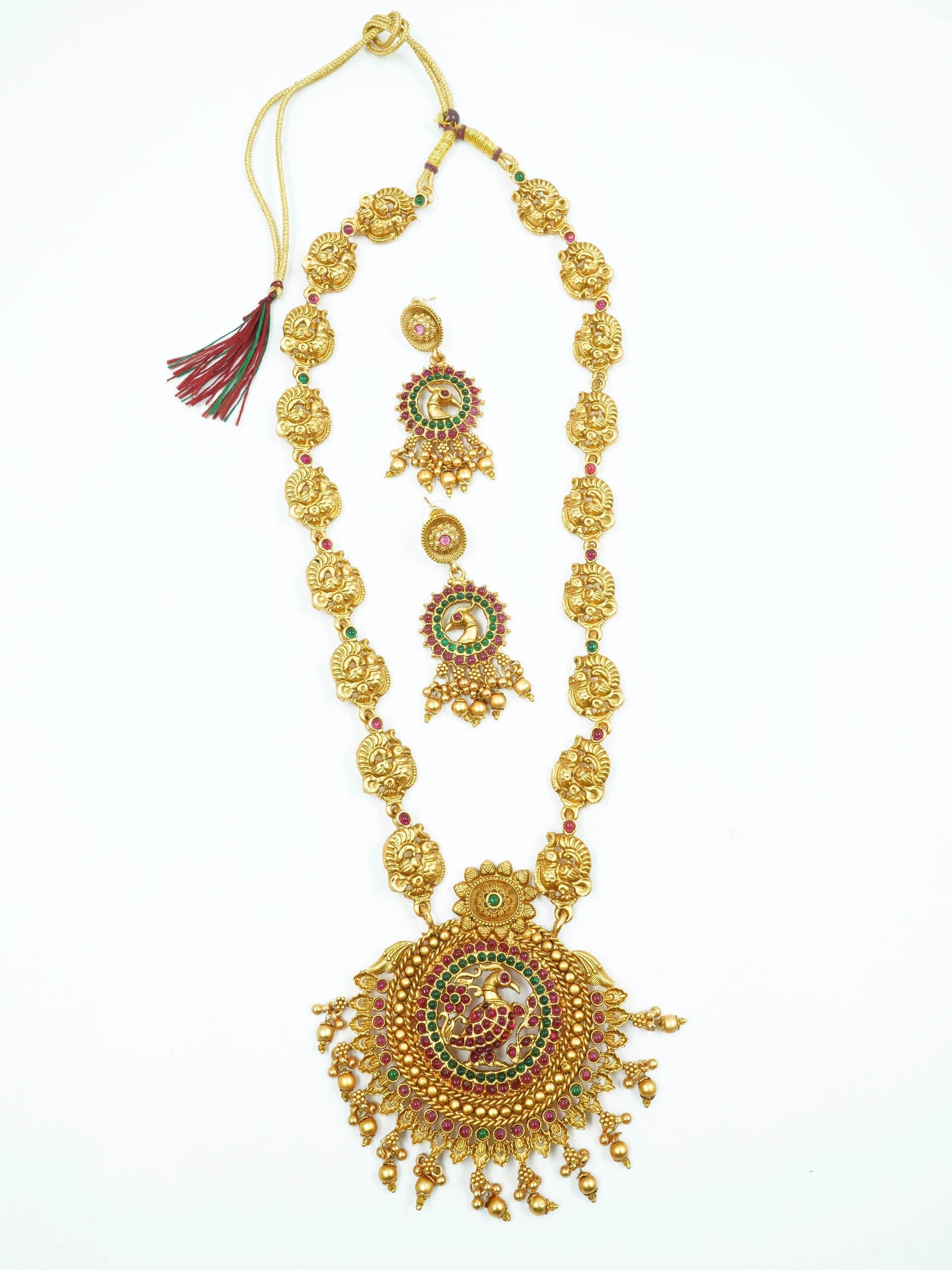 Gold Plated Long Peacock Necklace Set with Multi Color Stones 12002N - Griiham