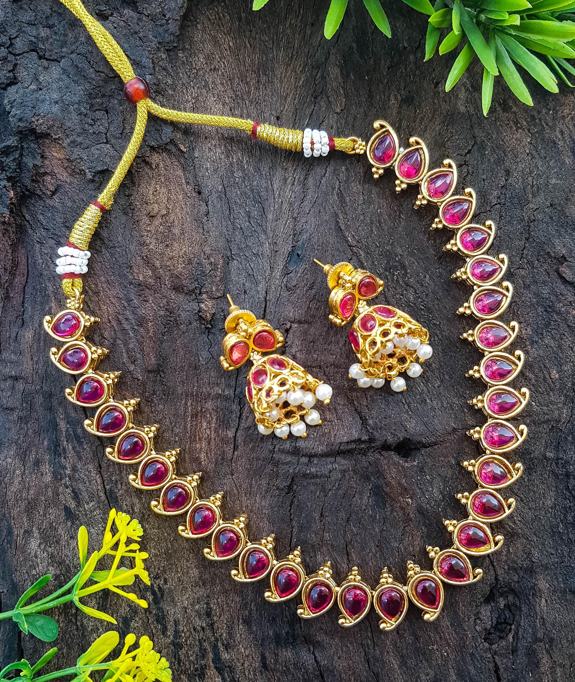 Gold Plated Mango Necklace Set with diff Colours big stone - Griiham