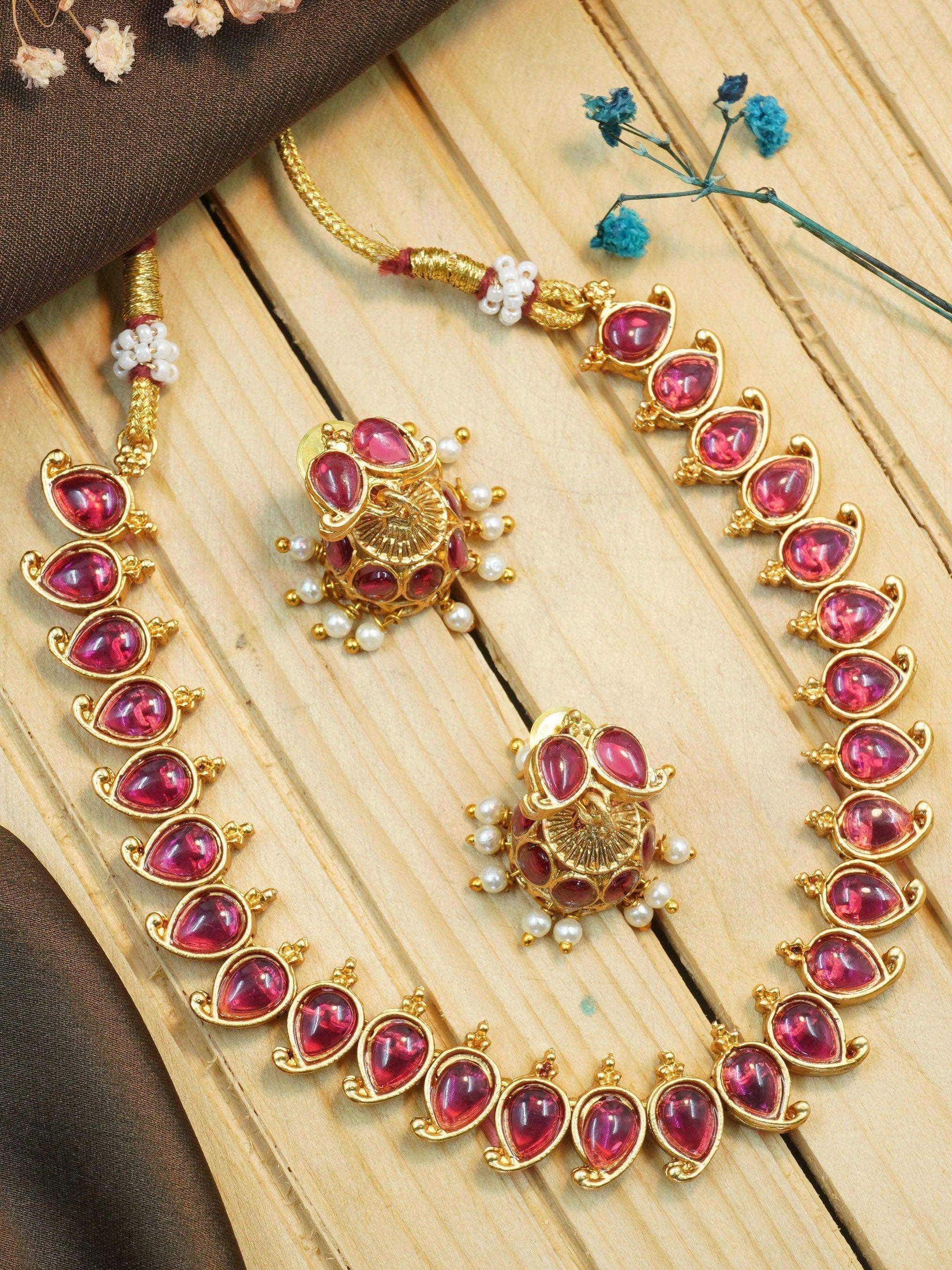 Gold Plated Mango Necklace Set with diff Colours big stone - Griiham