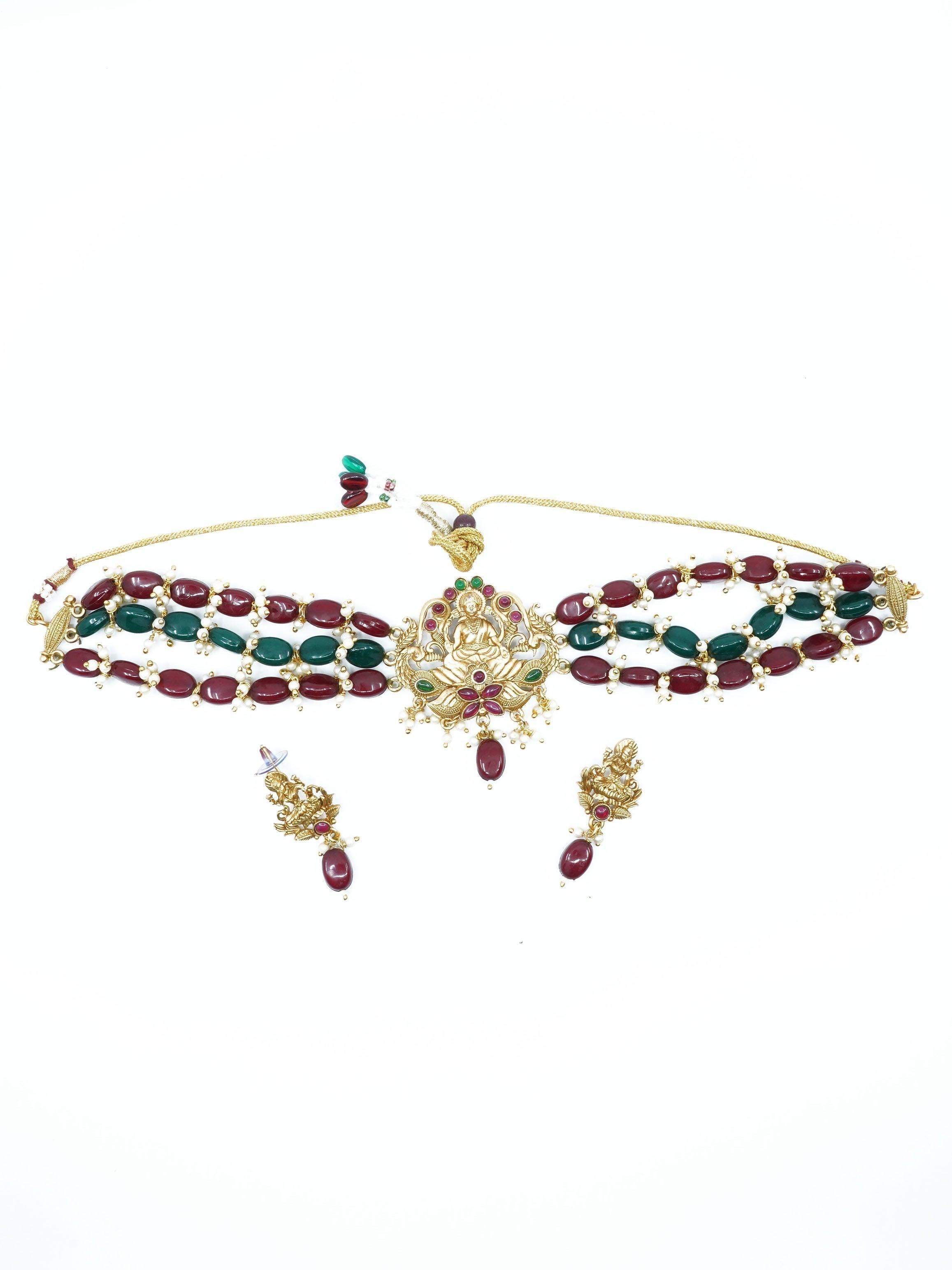 Gold Plated Multi Colour CZ Stone Choker Necklace Set with actual beads - Griiham