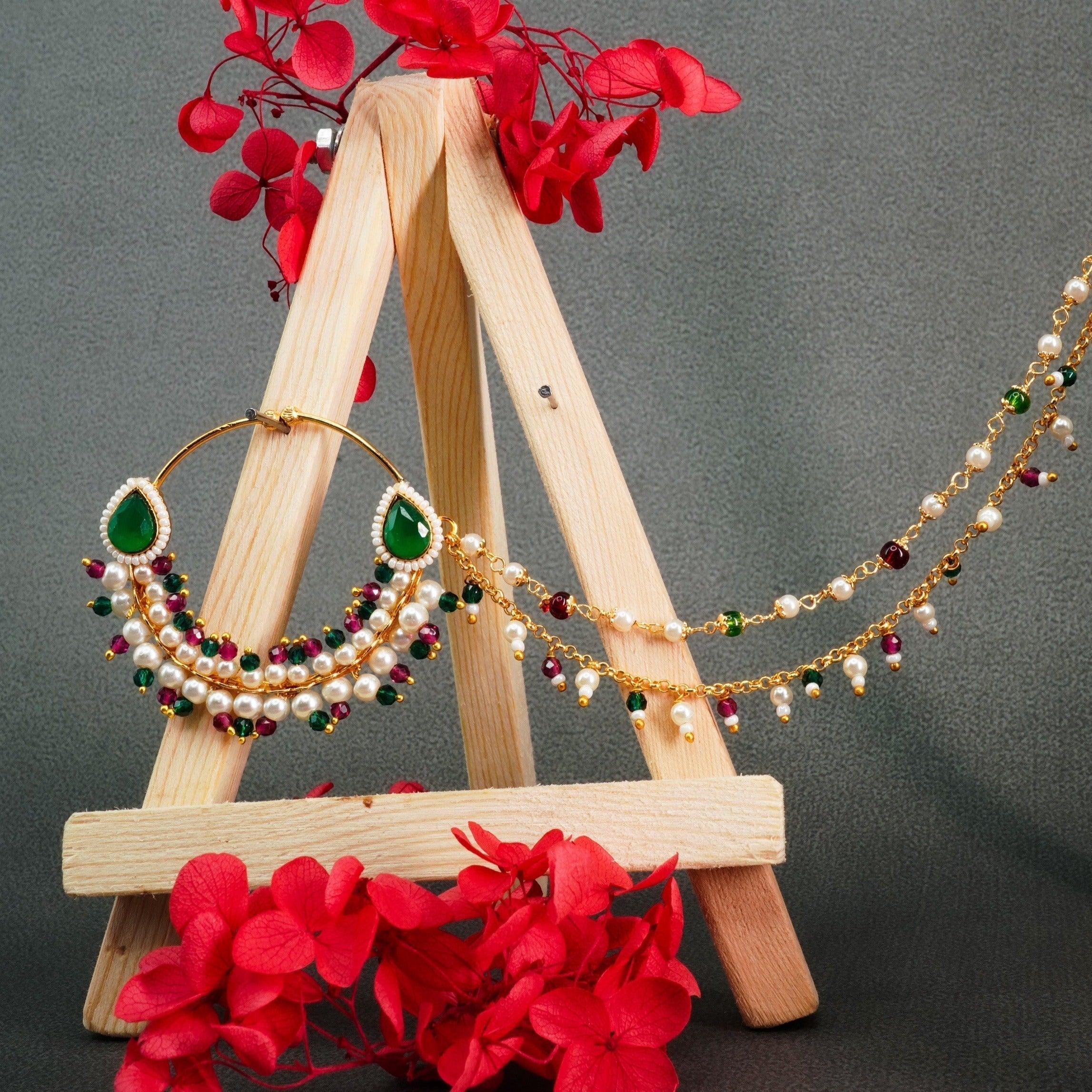 Gold Plated Nosepin / Nath with pearl hanging 9676N - Griiham